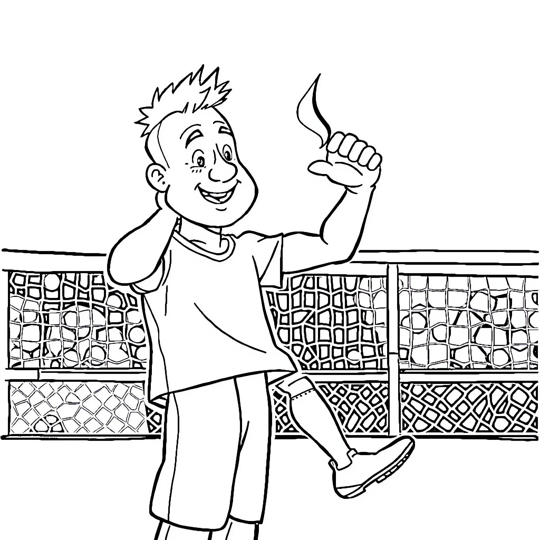 Personnage jouant au tennis avec enthousiasme Coloring Page (free black-and-white line drawing printable PDF for all, from beginners to advanced learners, including children, teens, adults, and seniors)