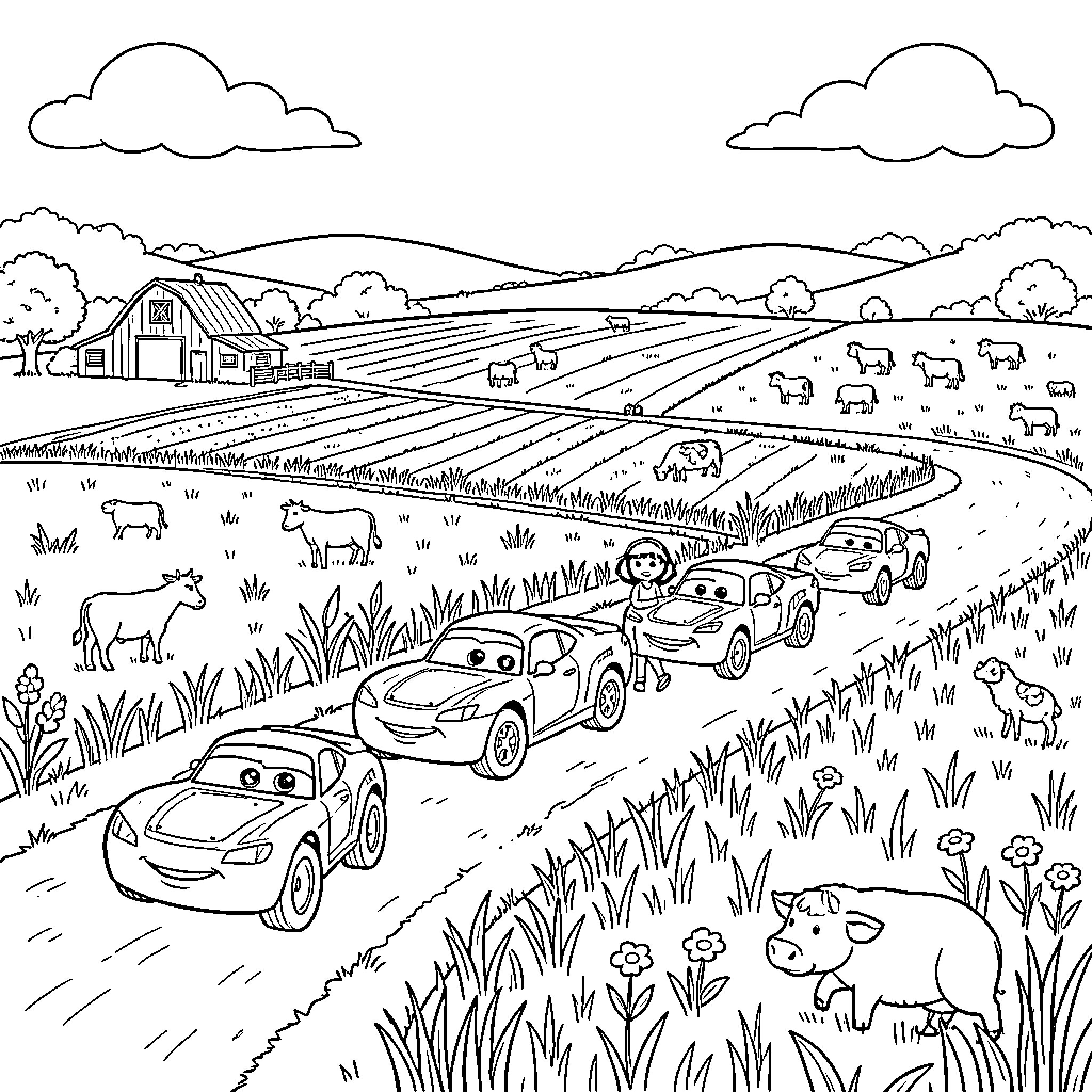 Car characters driving through a peaceful farm landscape Coloring Page (free black-and-white line drawing printable PDF for all, from beginners to advanced learners, including children, teens, adults, and seniors)