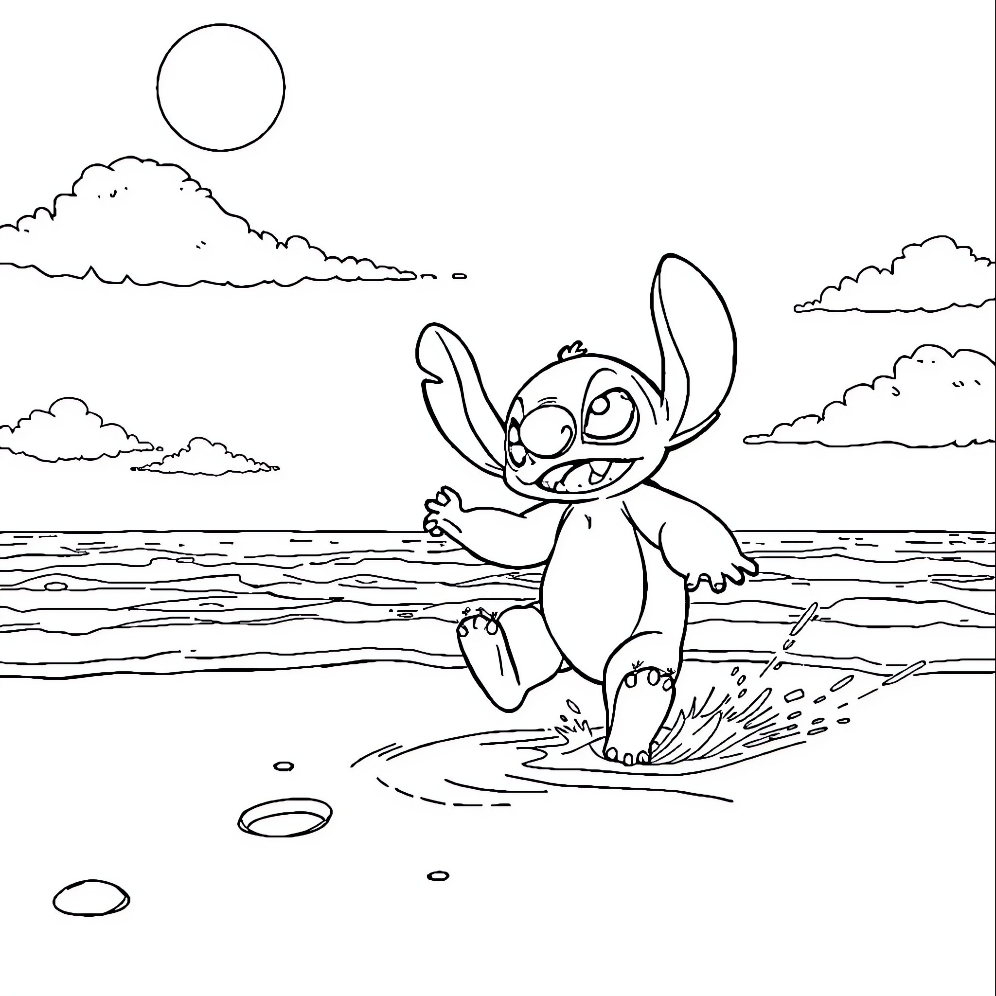 Stitch playing joyfully by the sea Coloring Page (free black-and-white line drawing printable PDF for all, from beginners to advanced learners, including children, teens, adults, and seniors)