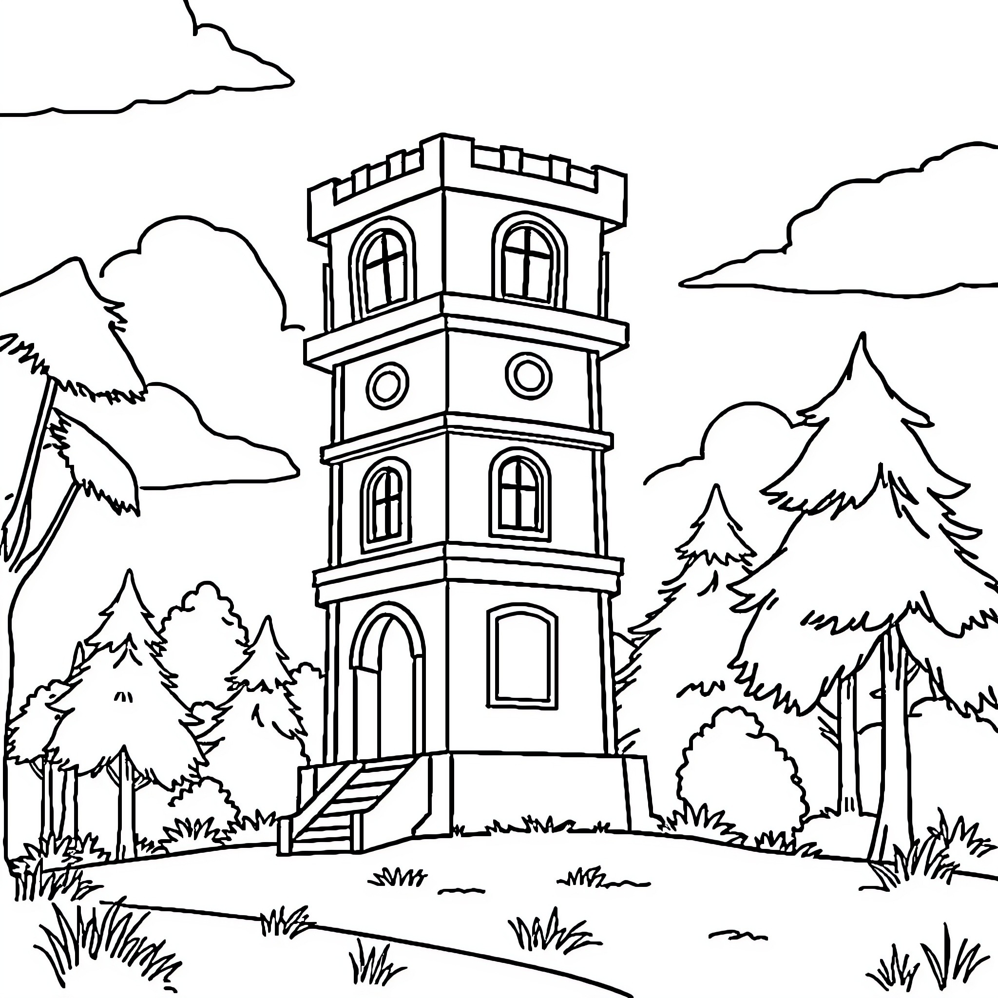 Pup exploring the enchanting castle tower Coloring Page (free black-and-white line drawing printable PDF for all, from beginners to advanced learners, including children, teens, adults, and seniors)
