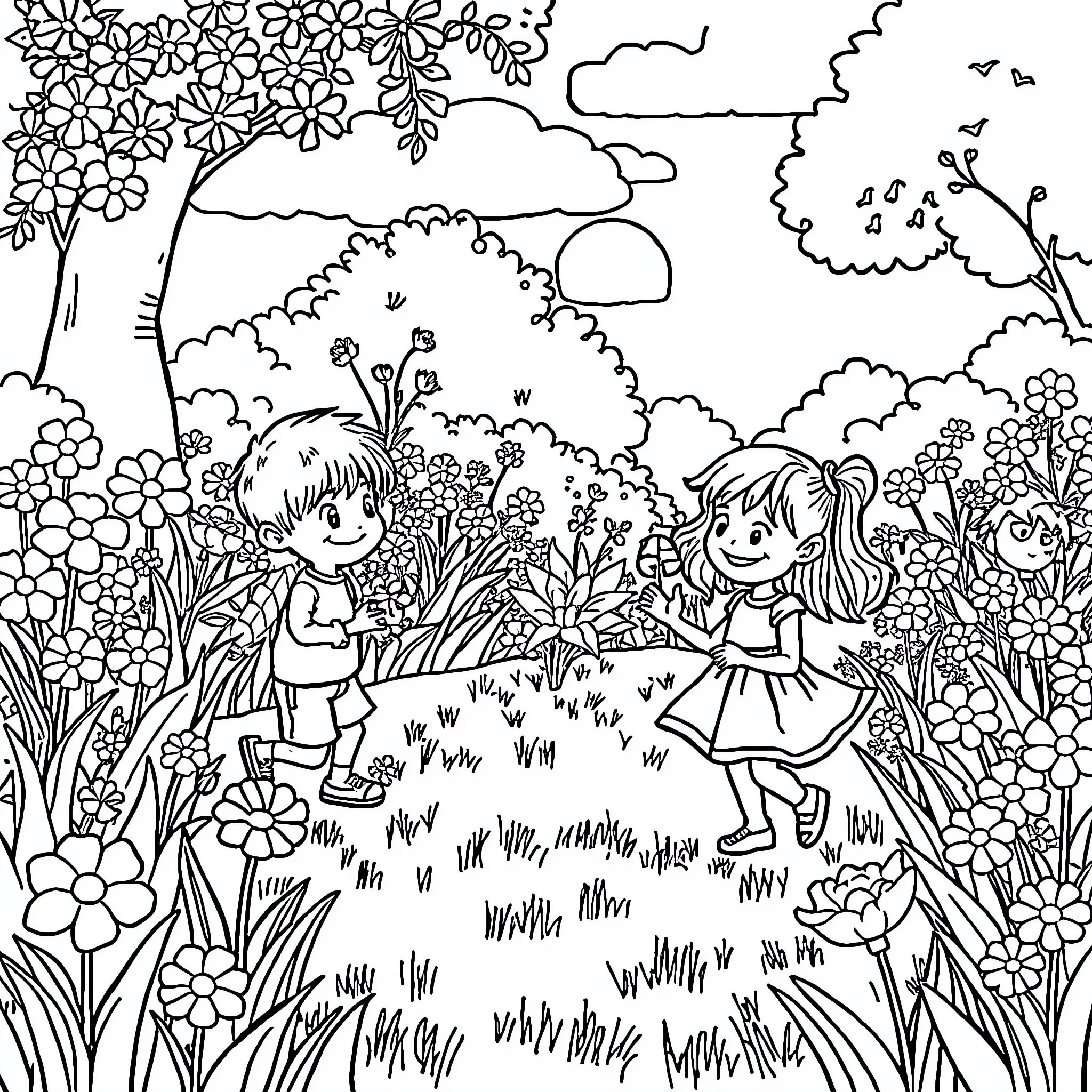 Child Exploring Whimsical Flower Garden Coloring Page (free black-and-white line drawing printable PDF for all, from beginners to advanced learners, including children, teens, adults, and seniors)