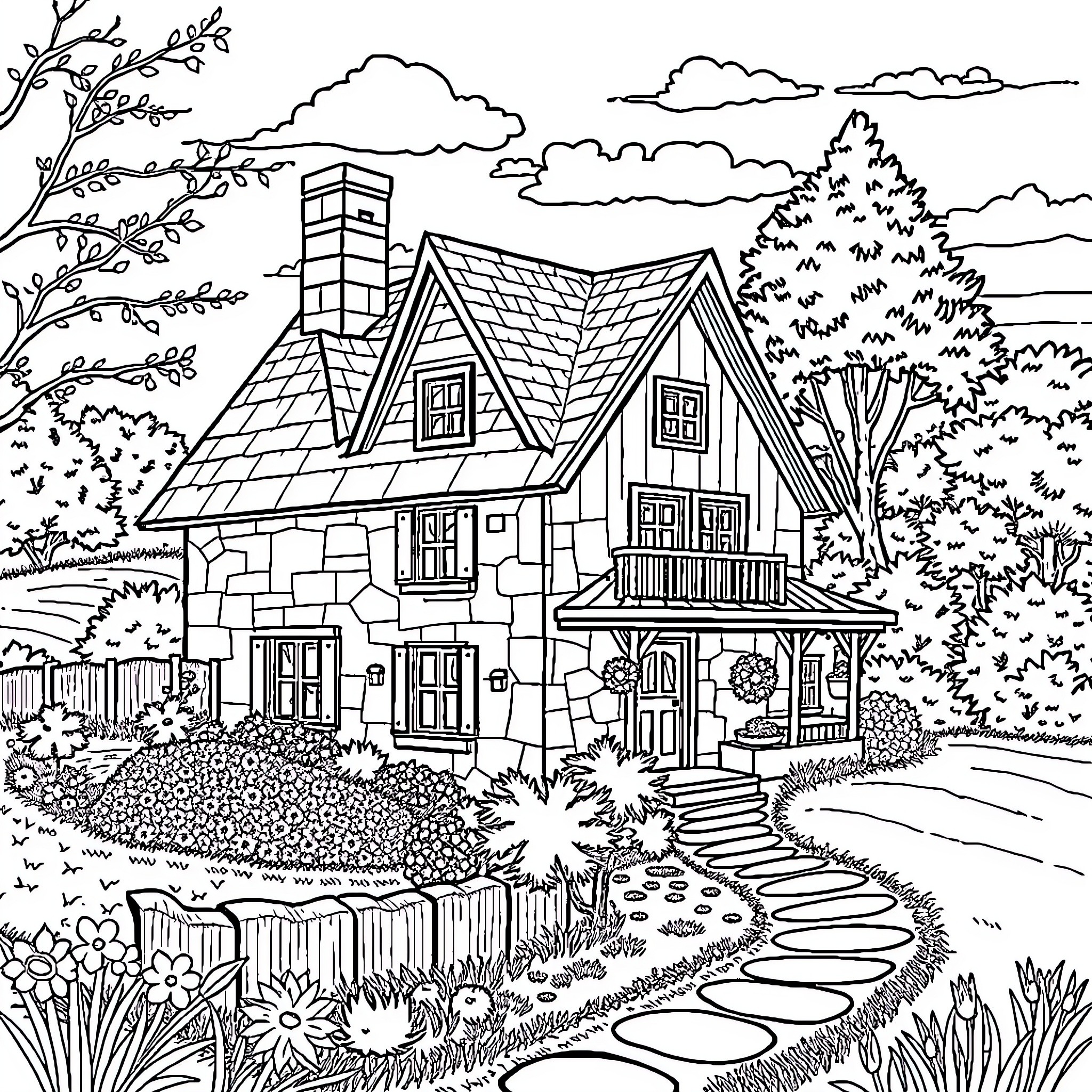 House in a Serene Country Landscape Coloring Page (free black-and-white line drawing printable PDF for all, from beginners to advanced learners, including children, teens, adults, and seniors)