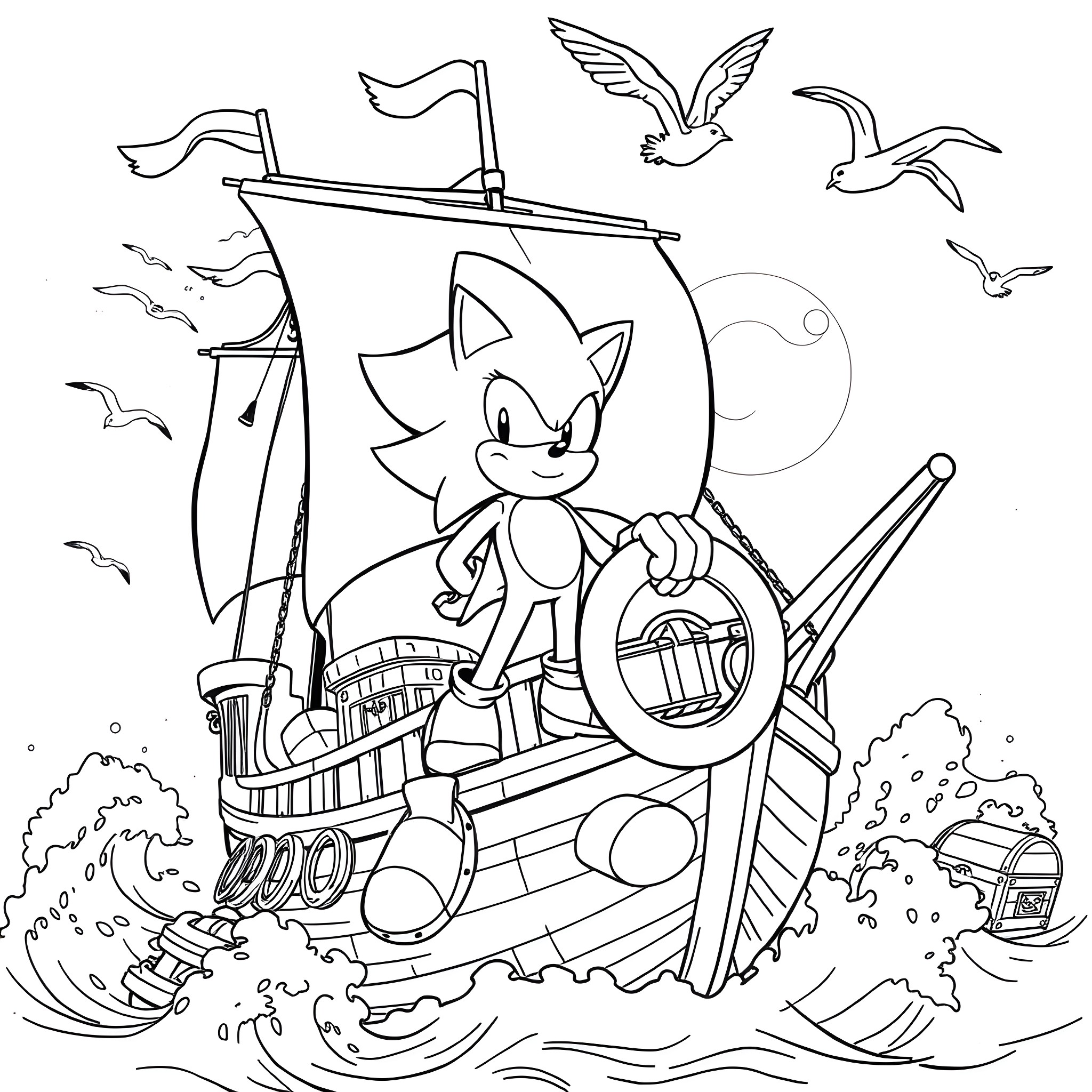Sonic's Pirate Ship Adventure with Seagulls Coloring Page (free black-and-white line drawing printable PDF for all, from beginners to advanced learners, including children, teens, adults, and seniors)