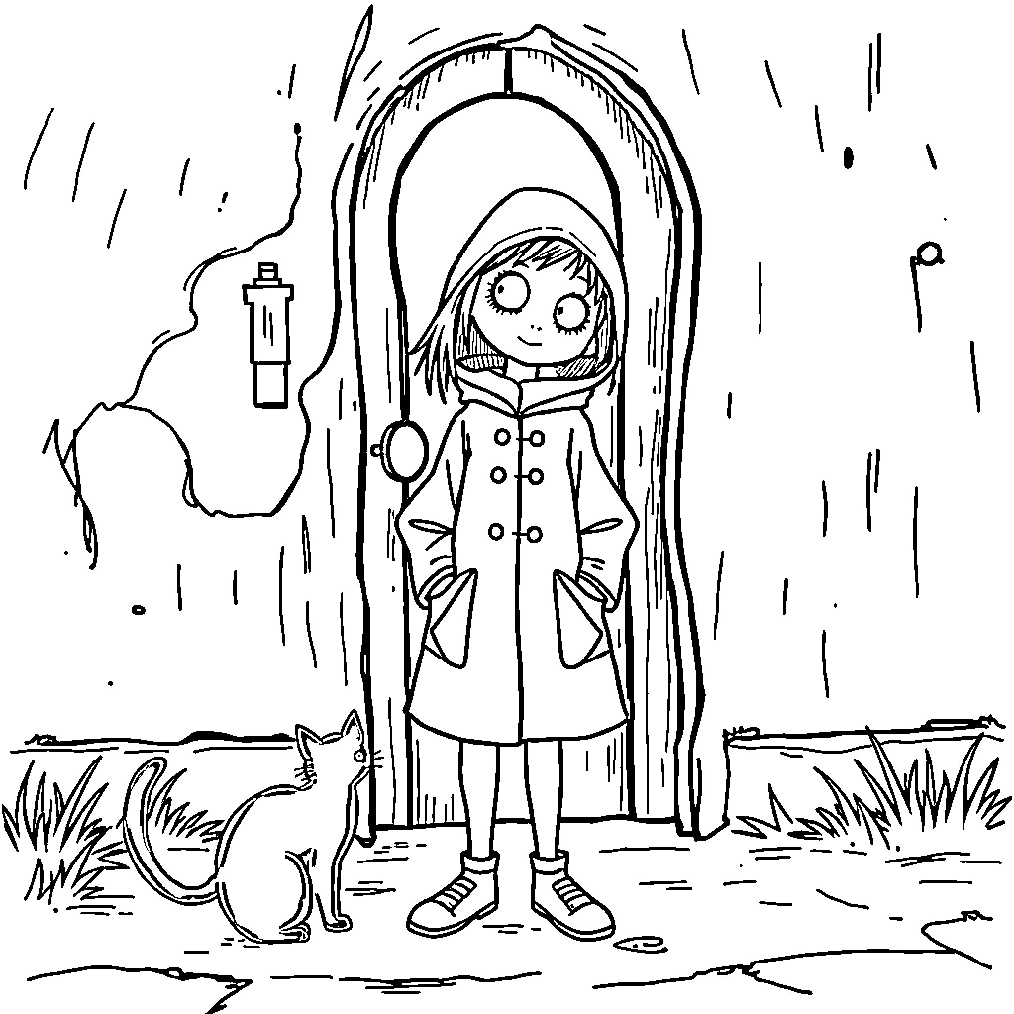 Coraline exploring the rainy outdoors with her cat companion Coloring Page (free black-and-white line drawing printable PDF for all, from beginners to advanced learners, including children, teens, adults, and seniors)