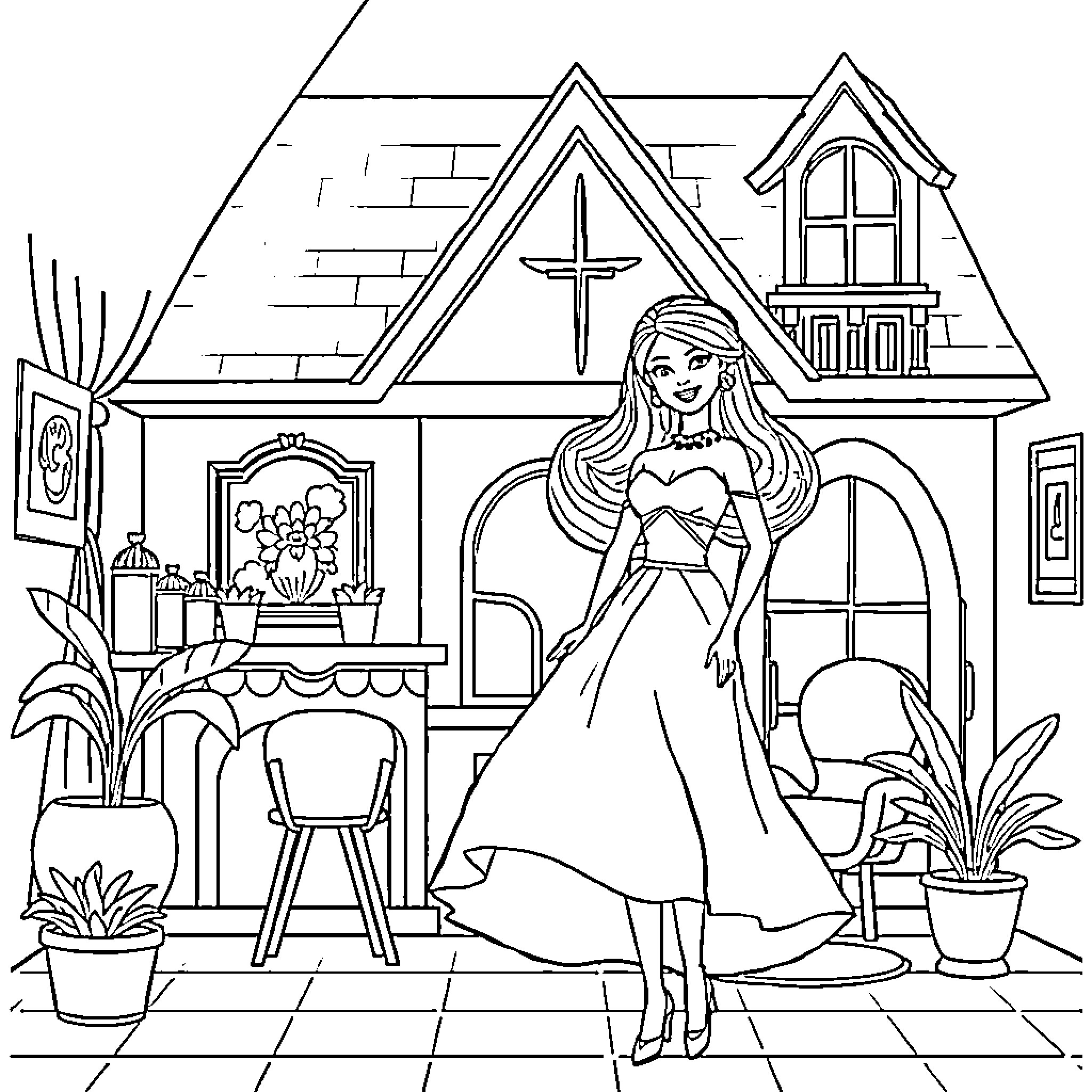 Barbie enjoying life in her dream house Coloring Page (free black-and-white line drawing printable PDF for all, from beginners to advanced learners, including children, teens, adults, and seniors)
