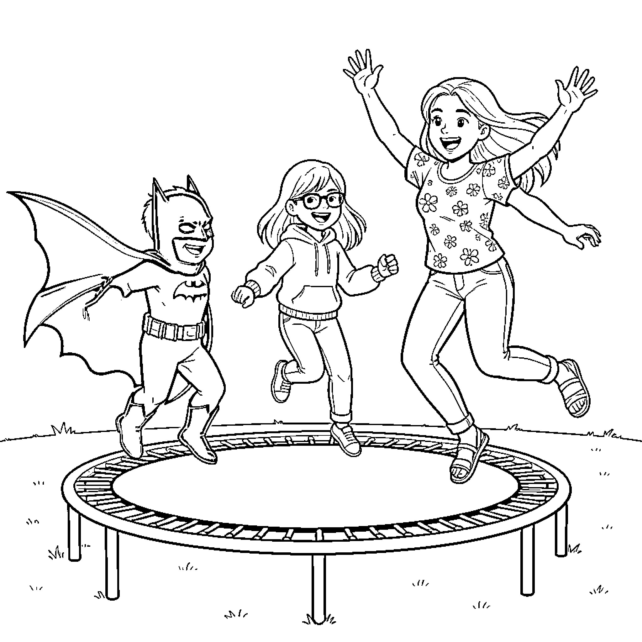 Enfant jumping happily on trampoline with friends Coloring Page (free black-and-white line drawing printable PDF for all, from beginners to advanced learners, including children, teens, adults, and seniors)