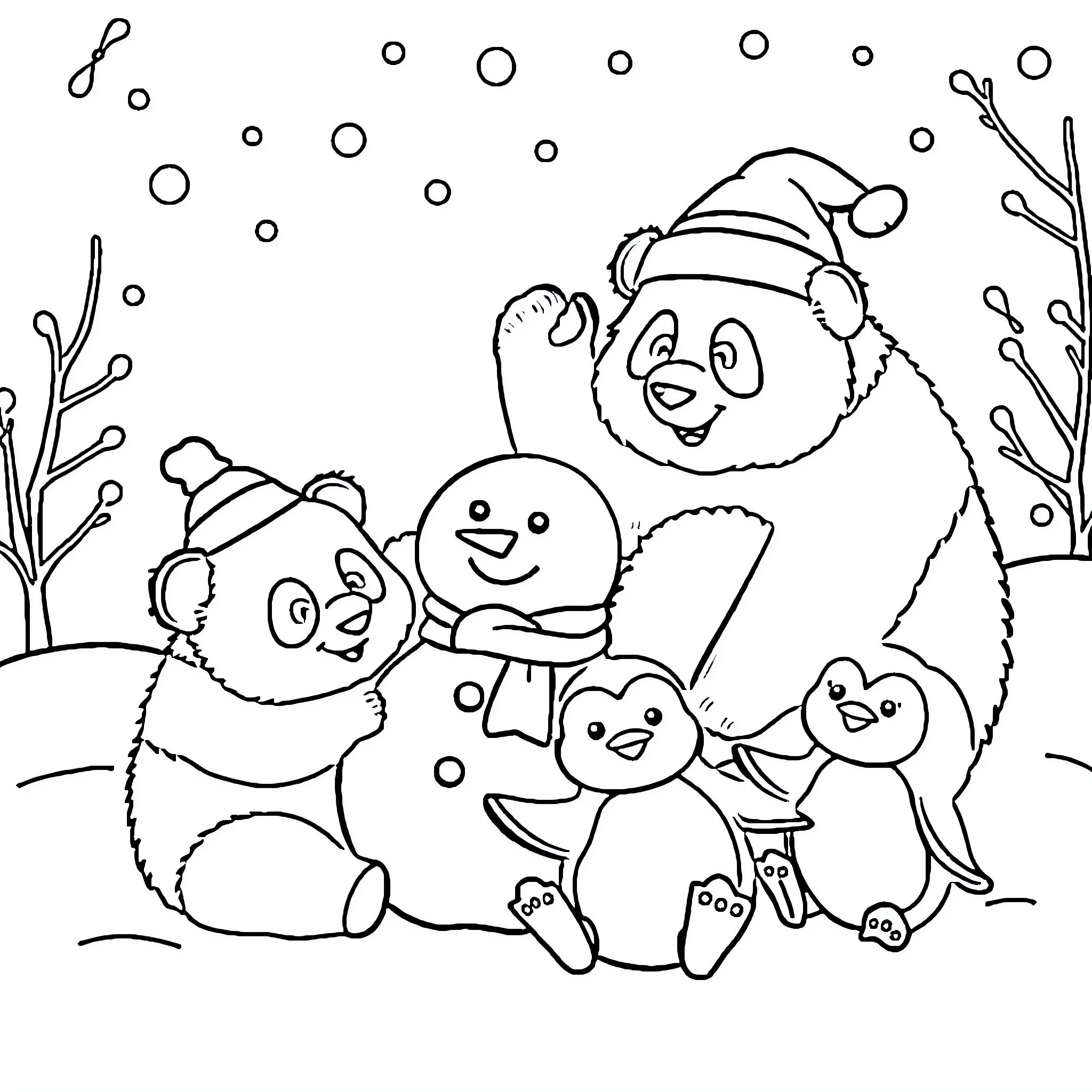 Panda bears playing in the snow with snowman Coloring Page (free black-and-white line drawing printable PDF for all, from beginners to advanced learners, including children, teens, adults, and seniors)