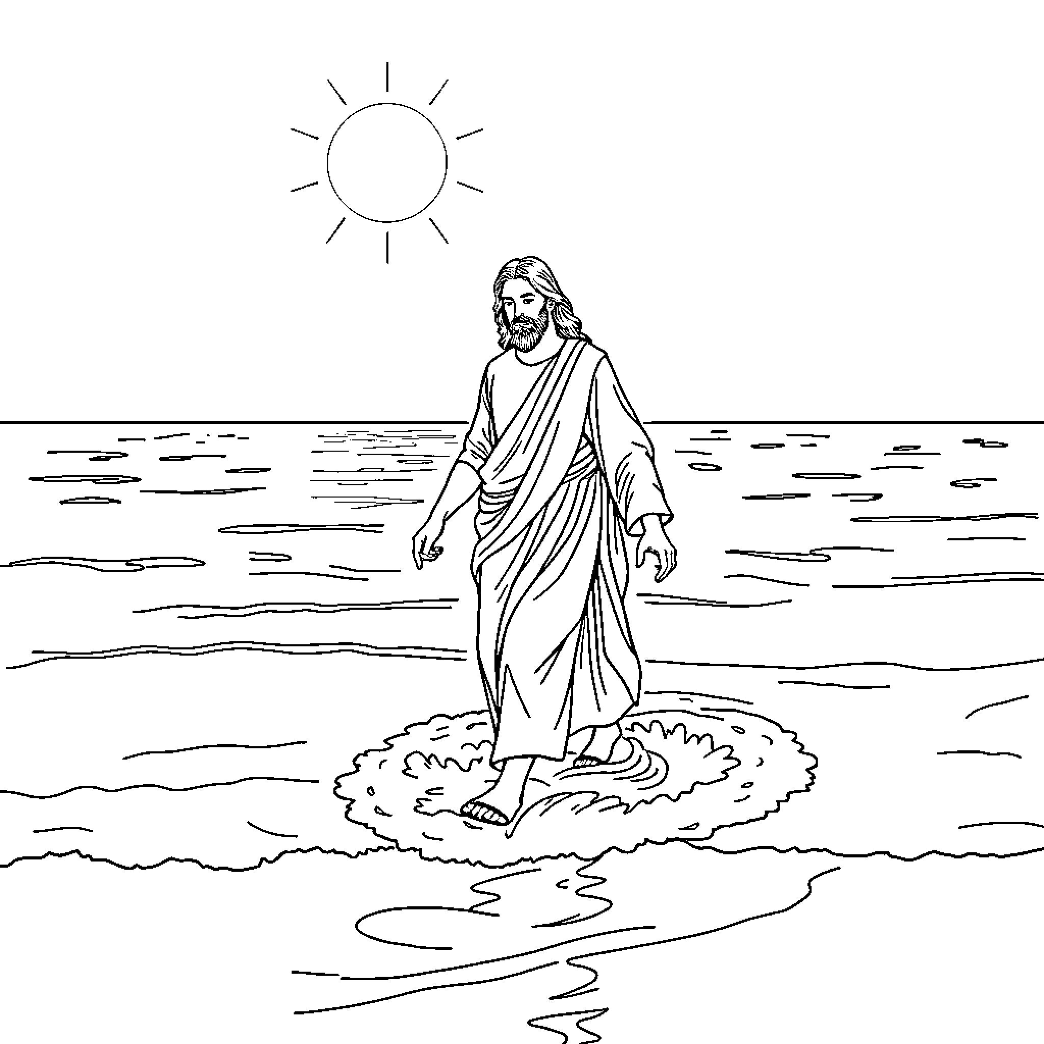 Jesus Walking on the Waters Coloring Page (free black-and-white line drawing printable PDF for all, from beginners to advanced learners, including children, teens, adults, and seniors)