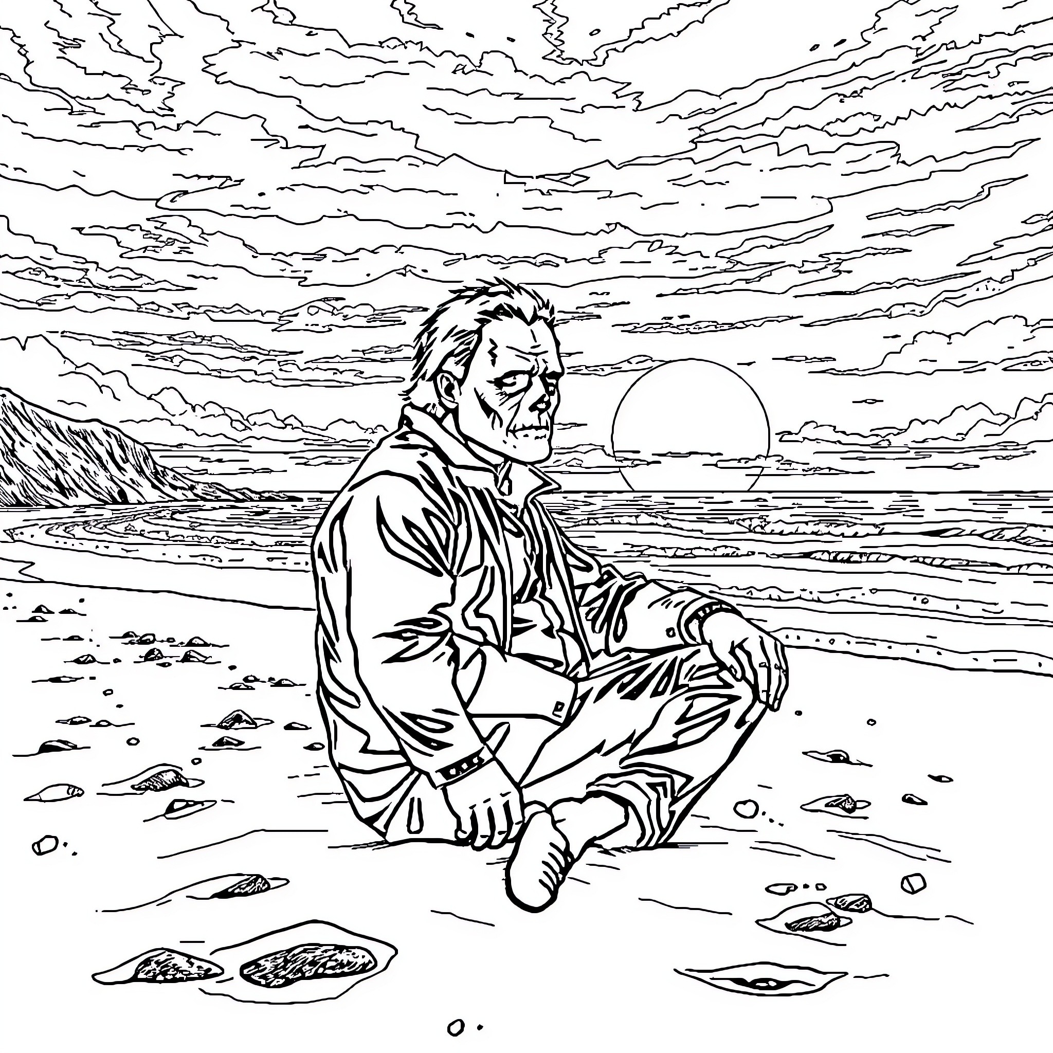 Leatherface contemplating the sunset on the beach Coloring Page (free black-and-white line drawing printable PDF for all, from beginners to advanced learners, including children, teens, adults, and seniors)