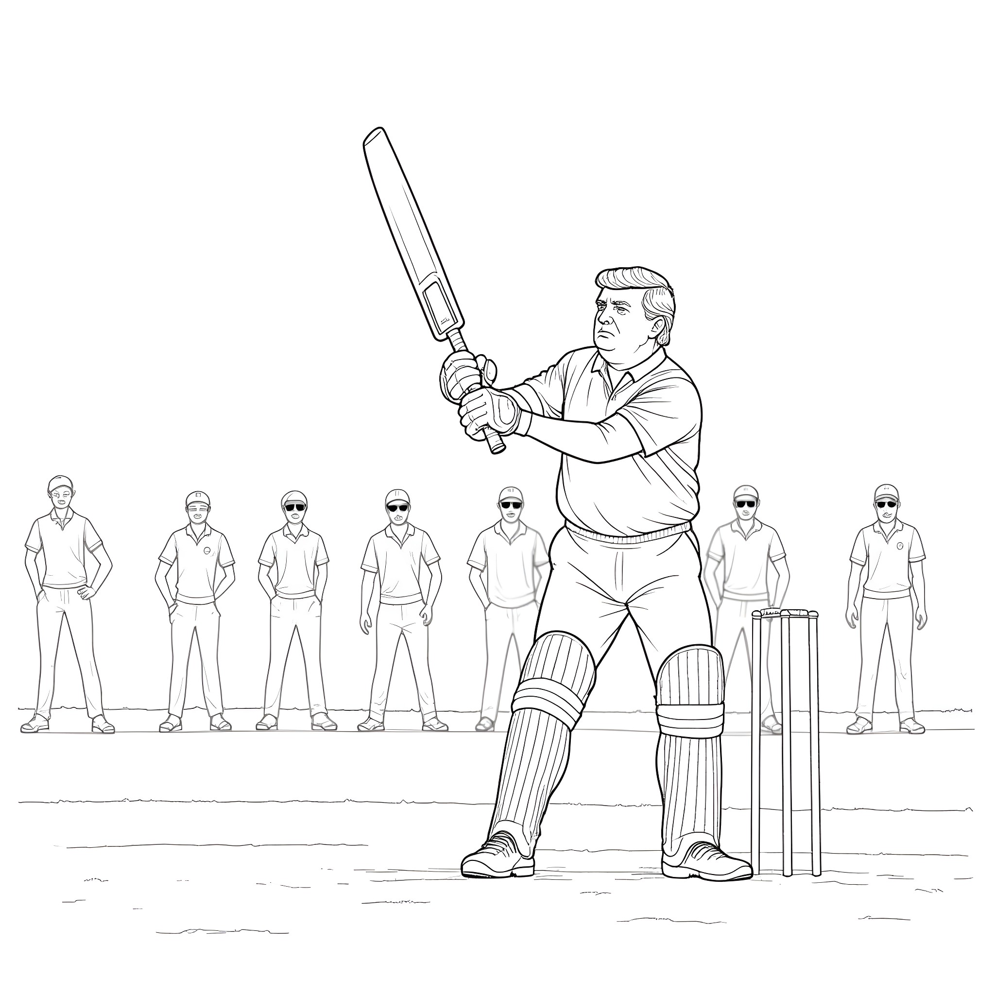 Trump playing cricket with his supporters Coloring Page (free black-and-white line drawing printable PDF for all, from beginners to advanced learners, including children, teens, adults, and seniors)