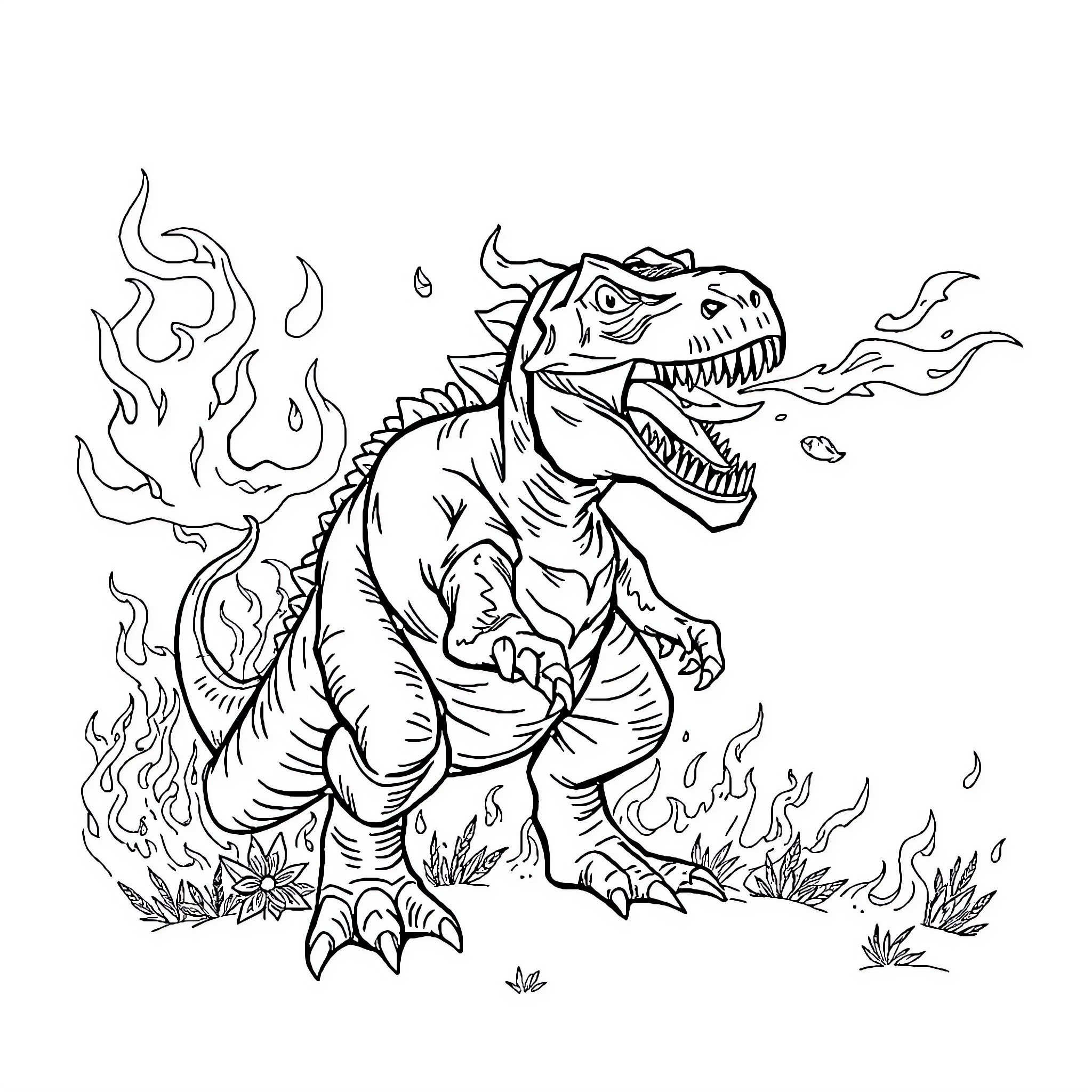 Dinosaur rampaging through a fiery landscape Coloring Page (free black-and-white line drawing printable PDF for all, from beginners to advanced learners, including children, teens, adults, and seniors)