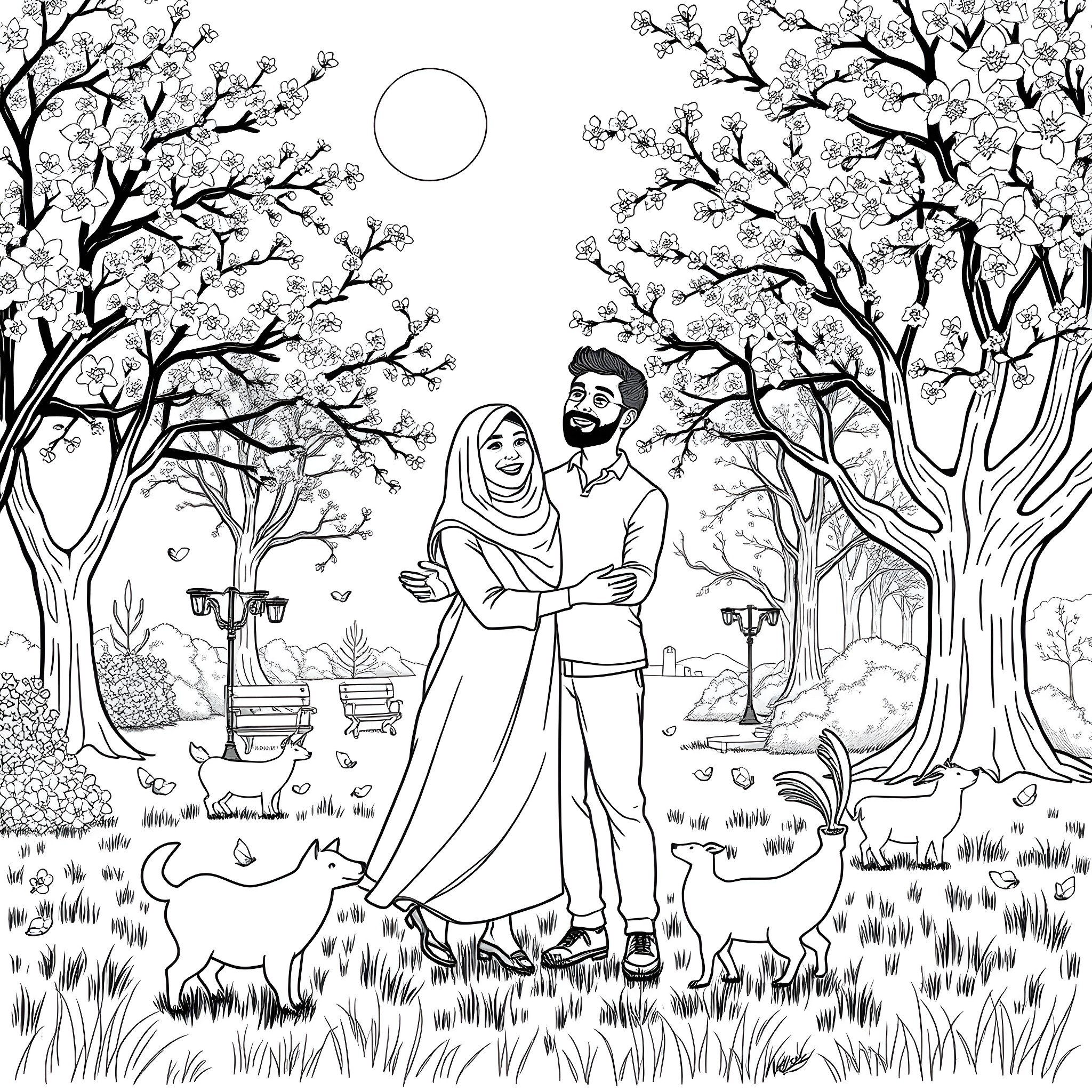 Hanna and Omar enjoy a peaceful stroll in the garden Coloring Page (free black-and-white line drawing printable PDF for all, from beginners to advanced learners, including children, teens, adults, and seniors)