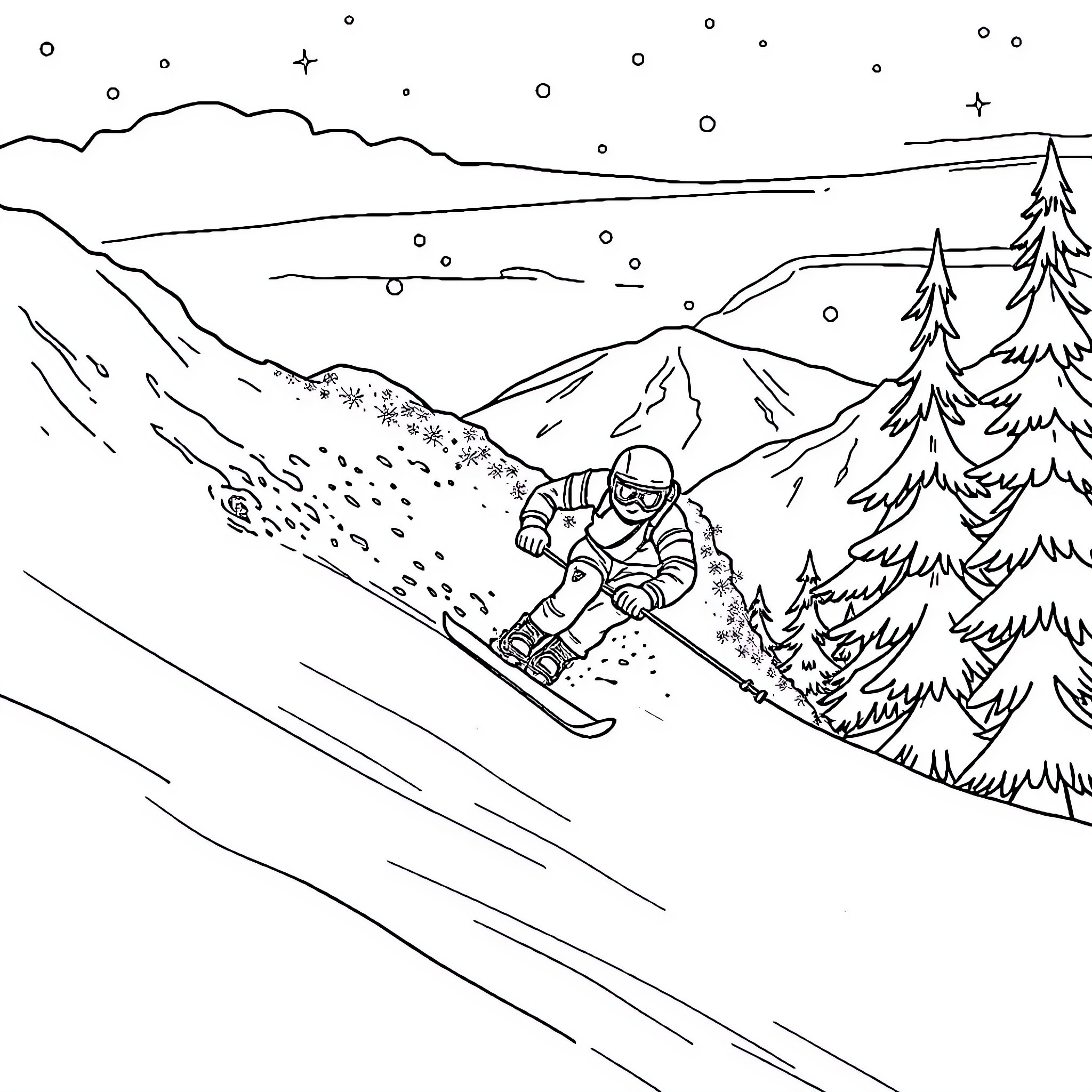 Skier gliding down a snowy mountain slope Coloring Page (free black-and-white line drawing printable PDF for all, from beginners to advanced learners, including children, teens, adults, and seniors)