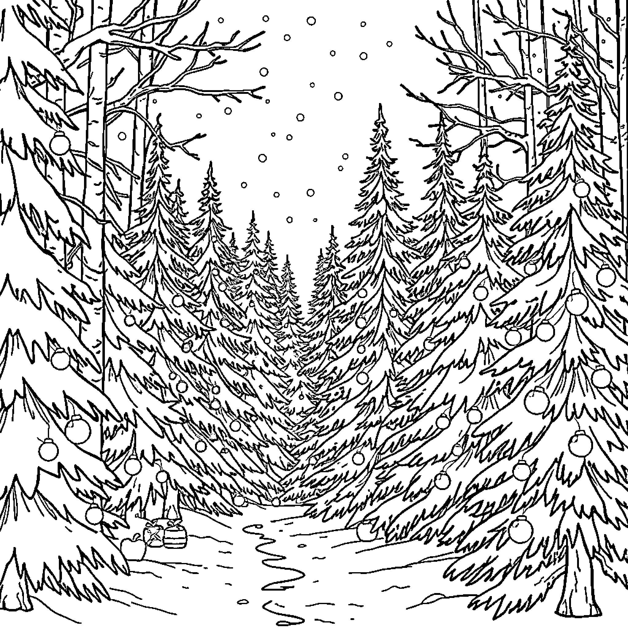 Christmas Wonderland in Snowy Forest Coloring Page (free black-and-white line drawing printable PDF for all, from beginners to advanced learners, including children, teens, adults, and seniors)