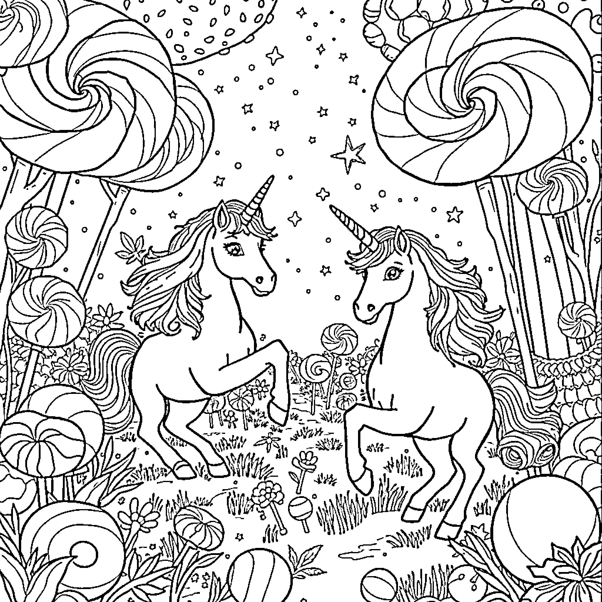 Unicorn Parade in a Whimsical Landscape Coloring Page (free black-and-white line drawing printable PDF for all, from beginners to advanced learners, including children, teens, adults, and seniors)