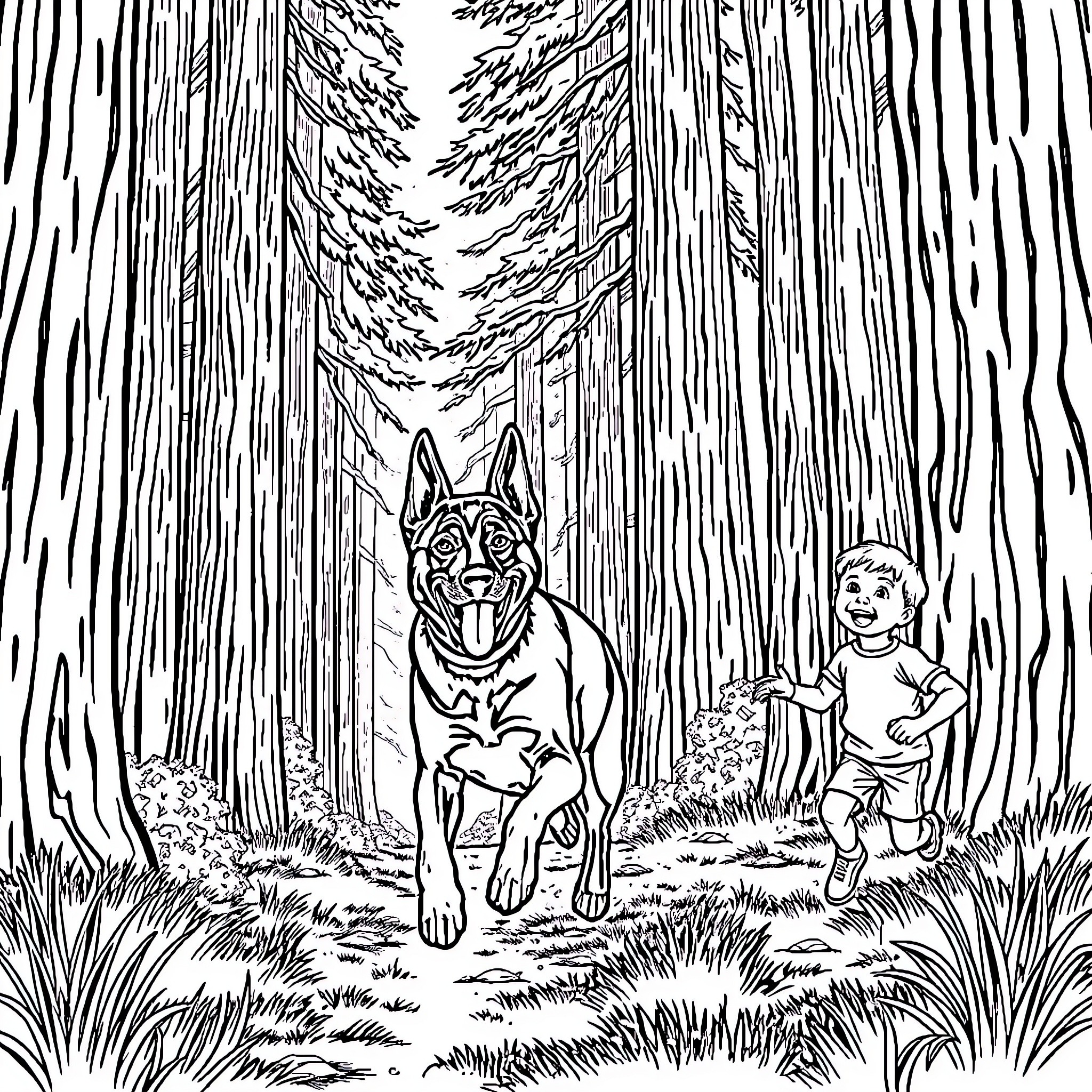 Dog and child exploring forest Coloring Page (free black-and-white line drawing printable PDF for all, from beginners to advanced learners, including children, teens, adults, and seniors)
