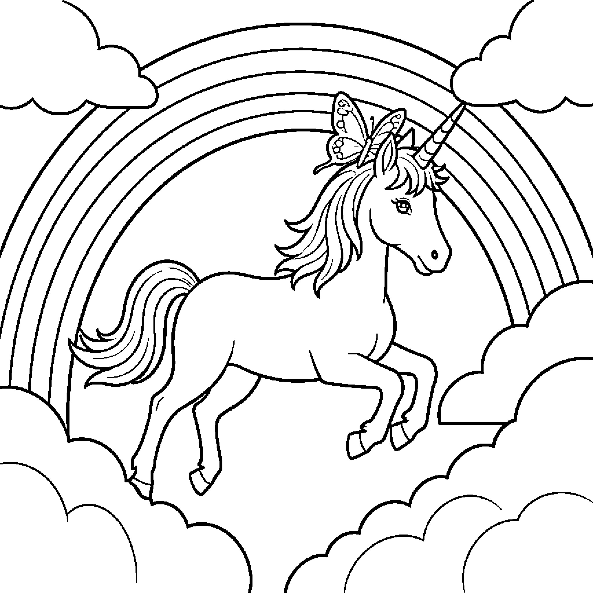 Licorne jumping joyfully through clouds and rainbows Coloring Page (free black-and-white line drawing printable PDF for all, from beginners to advanced learners, including children, teens, adults, and seniors)