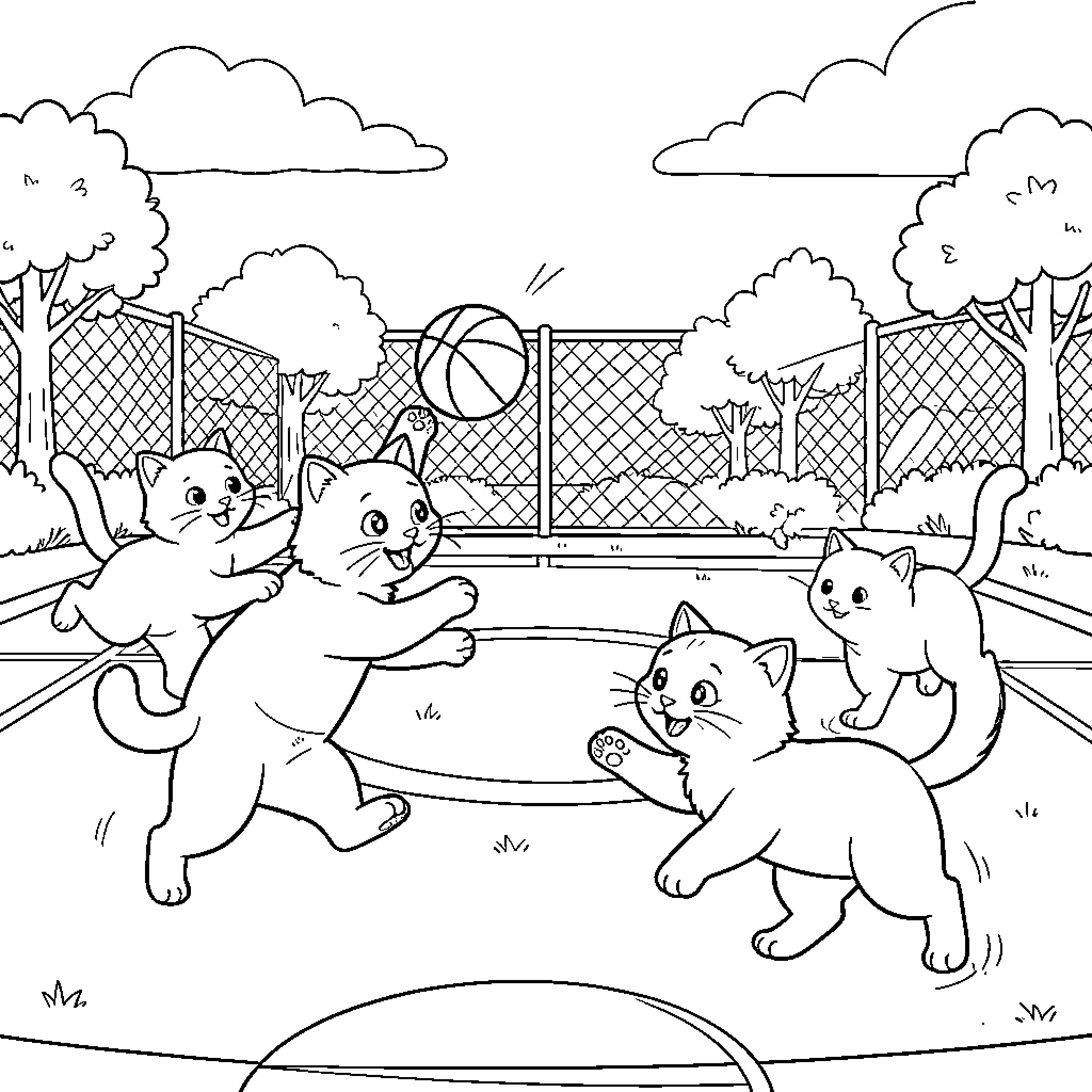 Cats playing together in the park Coloring Page (free black-and-white line drawing printable PDF for all, from beginners to advanced learners, including children, teens, adults, and seniors)