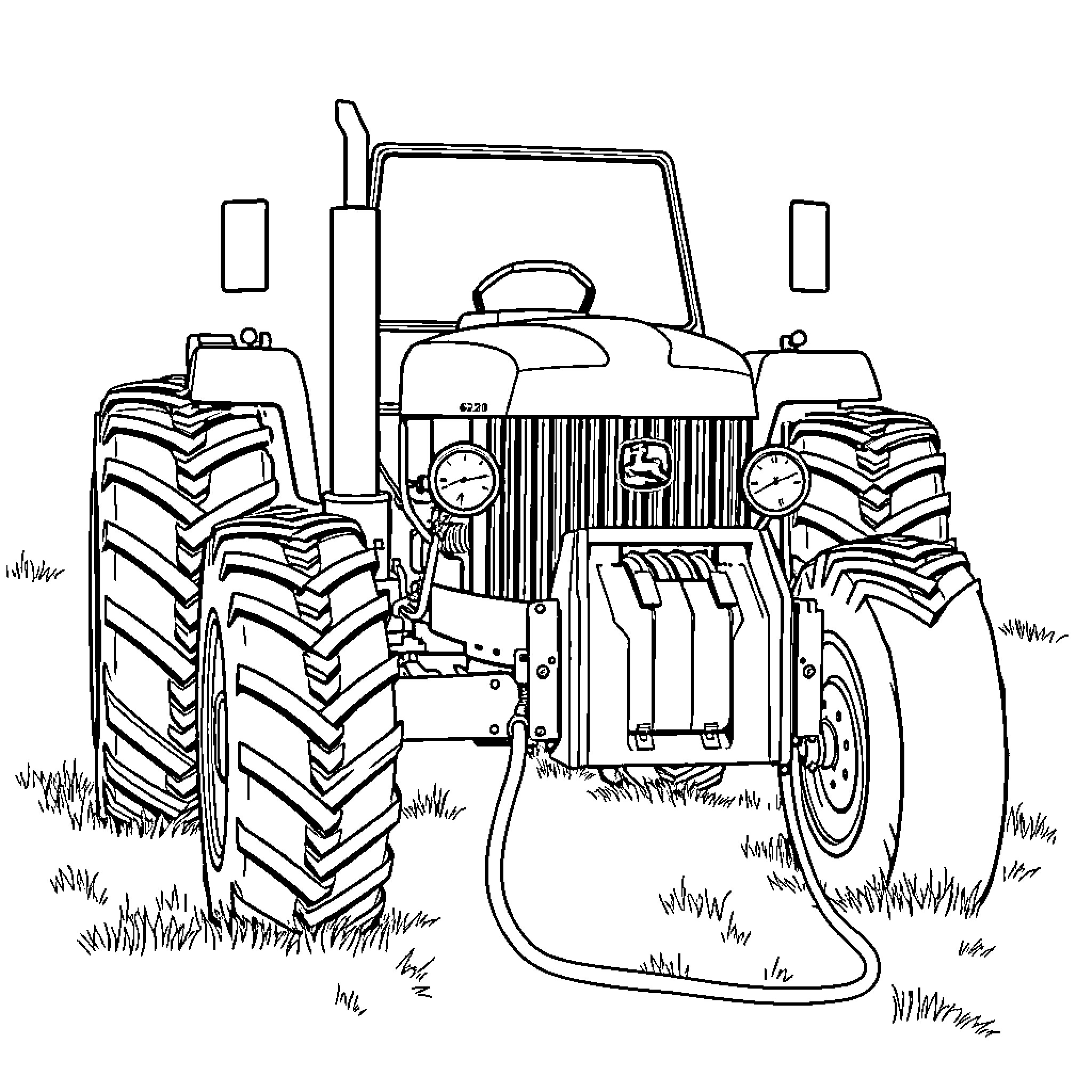 Tractor in the field with detailed machinery Coloring Page (free black-and-white line drawing printable PDF for all, from beginners to advanced learners, including children, teens, adults, and seniors)