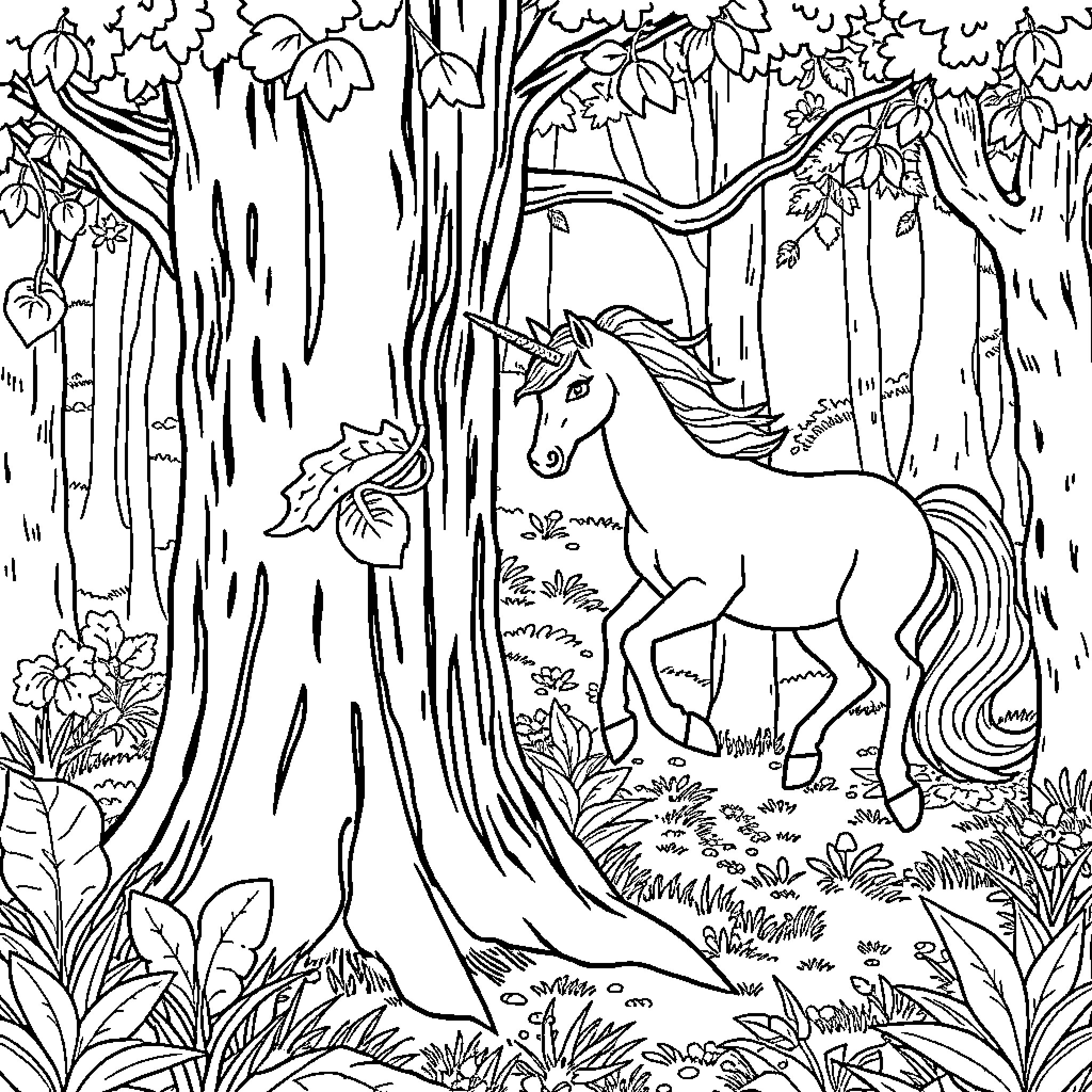 Rudolph the unicorn in a magical forest Coloring Page (free black-and-white line drawing printable PDF for all, from beginners to advanced learners, including children, teens, adults, and seniors)
