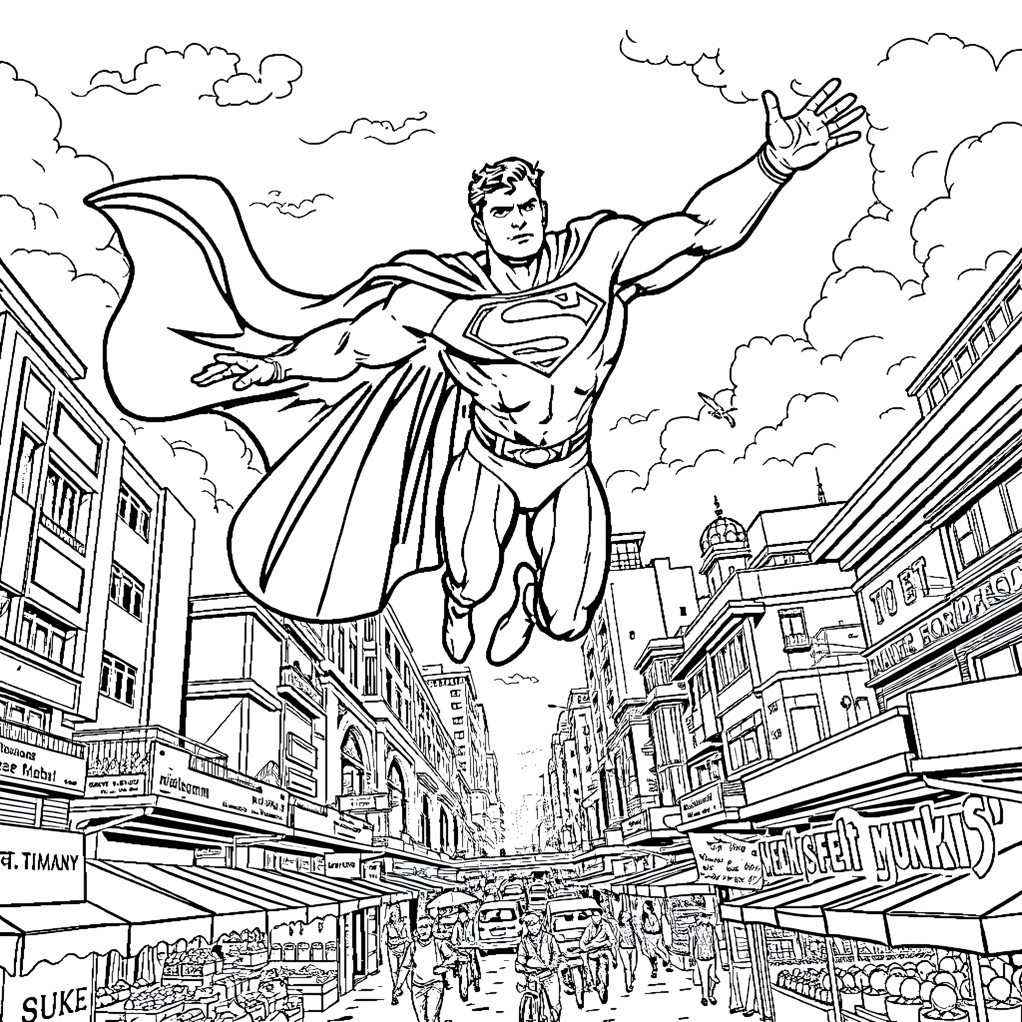 Superman soaring over the bustling city streets Coloring Page (free black-and-white line drawing printable PDF for all, from beginners to advanced learners, including children, teens, adults, and seniors)