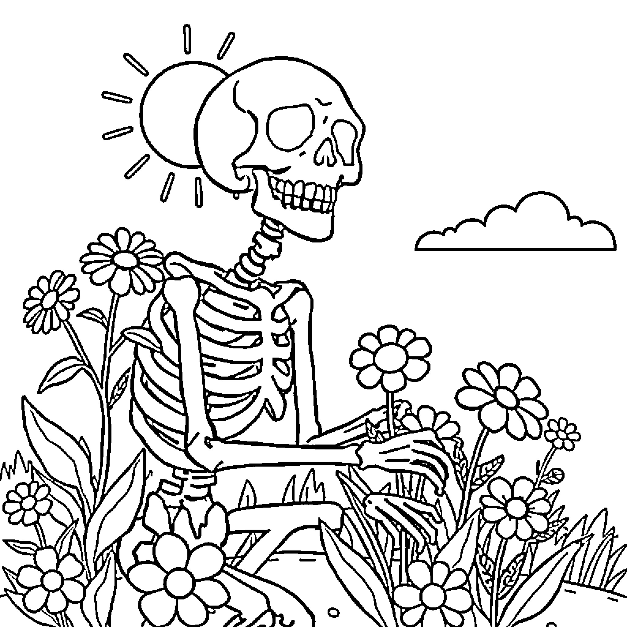 Skeleton surrounded by cheerful flowers in nature Coloring Page (free black-and-white line drawing printable PDF for all, from beginners to advanced learners, including children, teens, adults, and seniors)