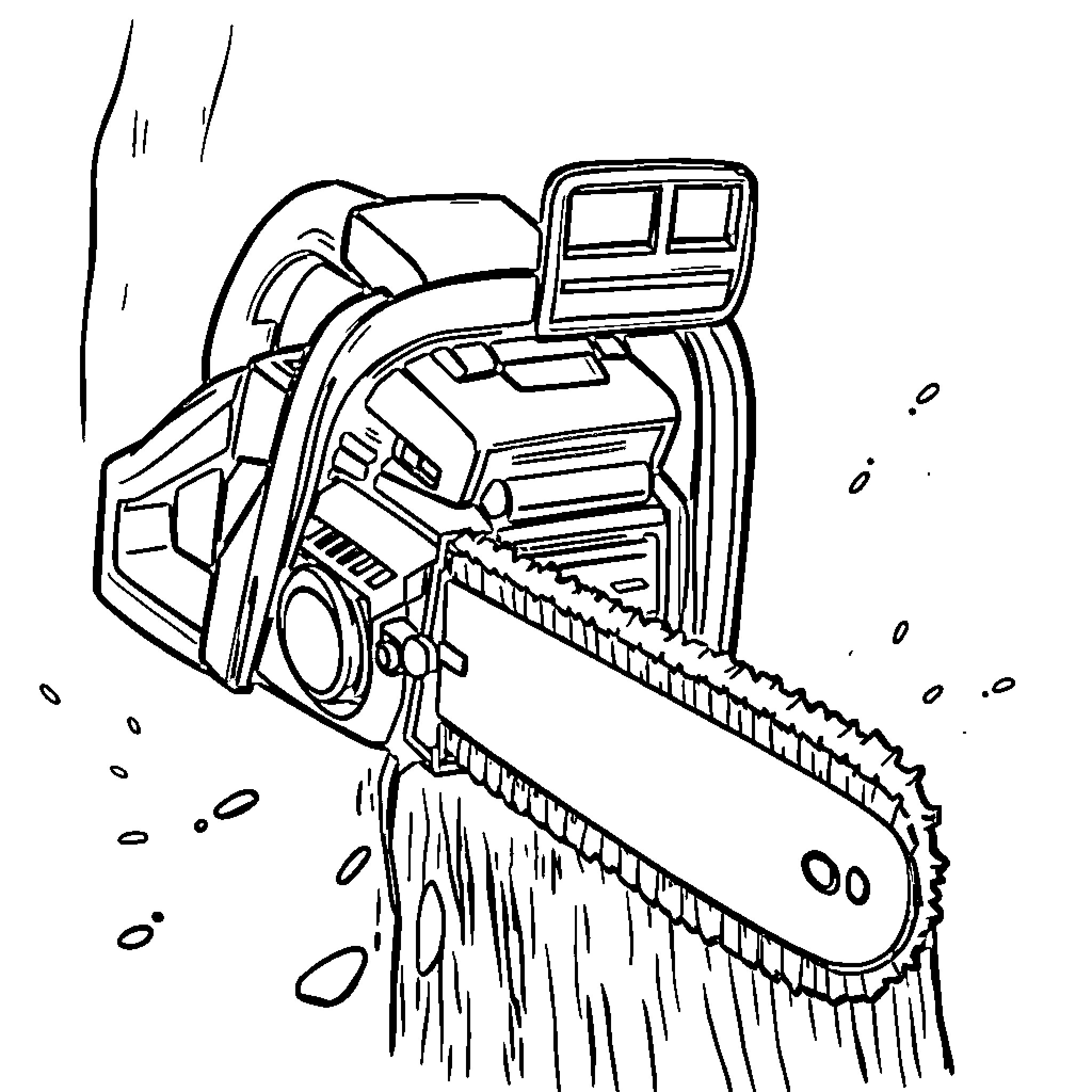 Chainsaw cutting through debris and destruction Coloring Page (free black-and-white line drawing printable PDF for all, from beginners to advanced learners, including children, teens, adults, and seniors)