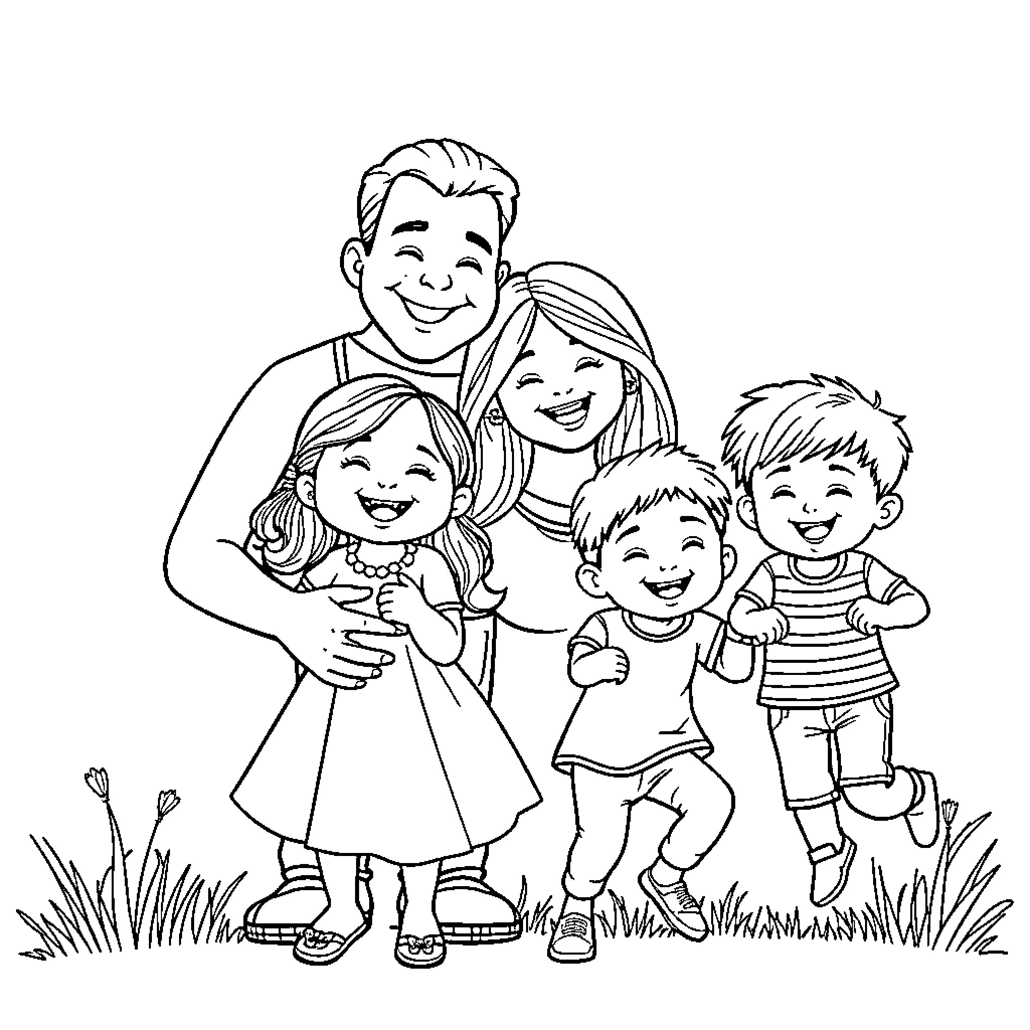 Family enjoying time together outdoors Coloring Page (free black-and-white line drawing printable PDF for all, from beginners to advanced learners, including children, teens, adults, and seniors)