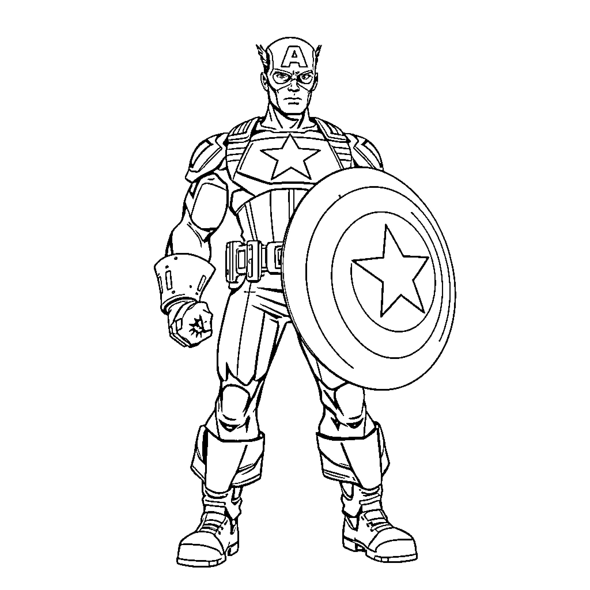 Captain America Heroic Pose with Shield Coloring Page (free black-and-white line drawing printable PDF for all, from beginners to advanced learners, including children, teens, adults, and seniors)
