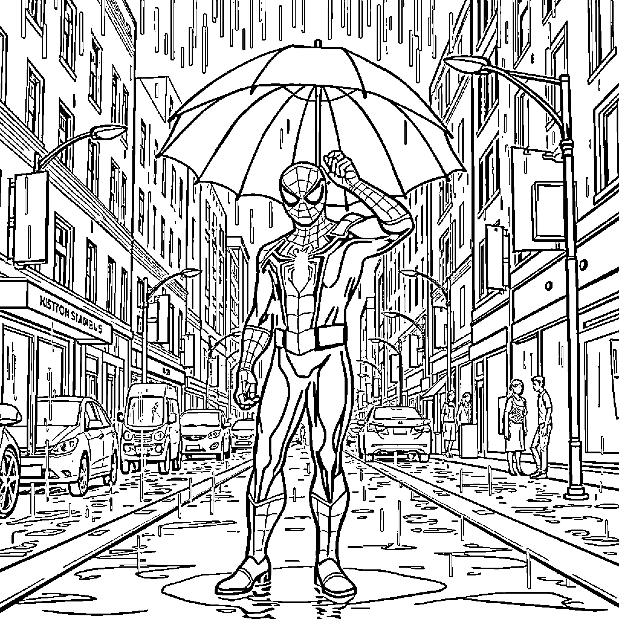 Spiderman protecting the city under the rain Coloring Page (free black-and-white line drawing printable PDF for all, from beginners to advanced learners, including children, teens, adults, and seniors)