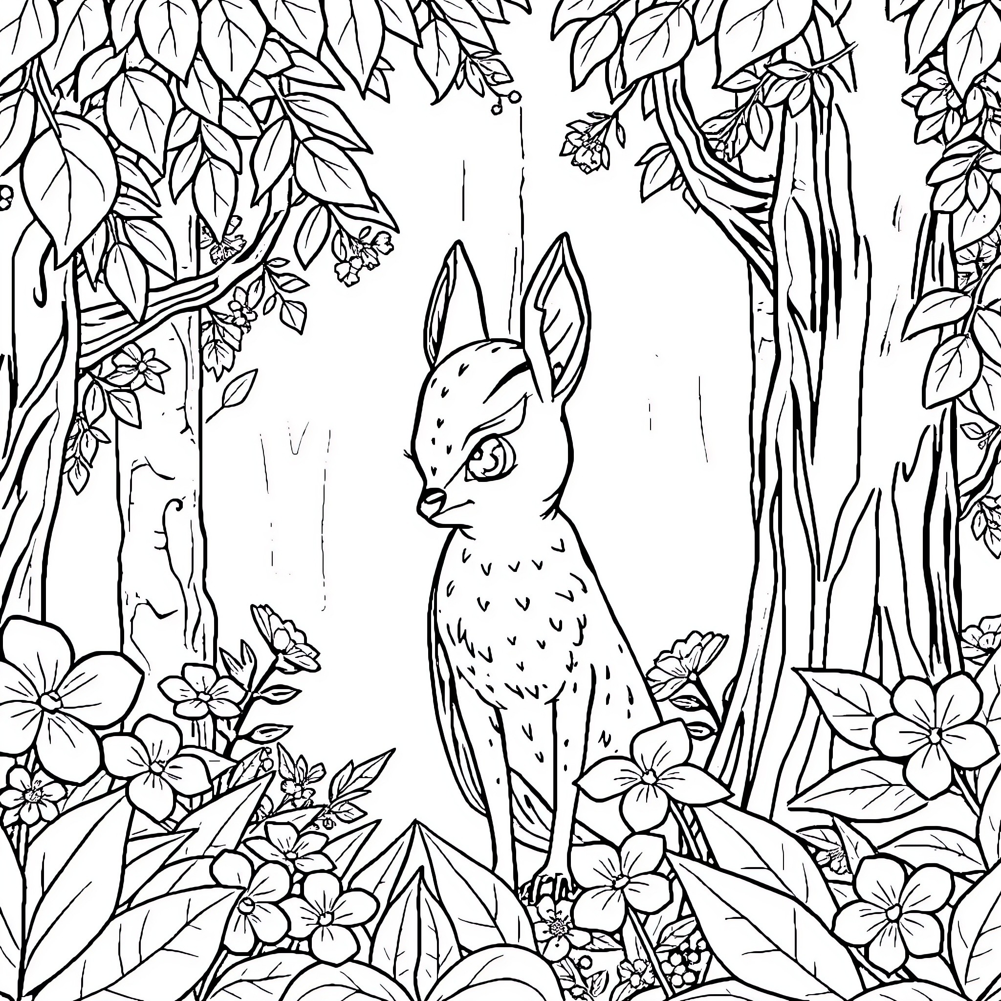 Dryad's Realm: Woodland Enchantment Coloring Page (free black-and-white line drawing printable PDF for all, from beginners to advanced learners, including children, teens, adults, and seniors)