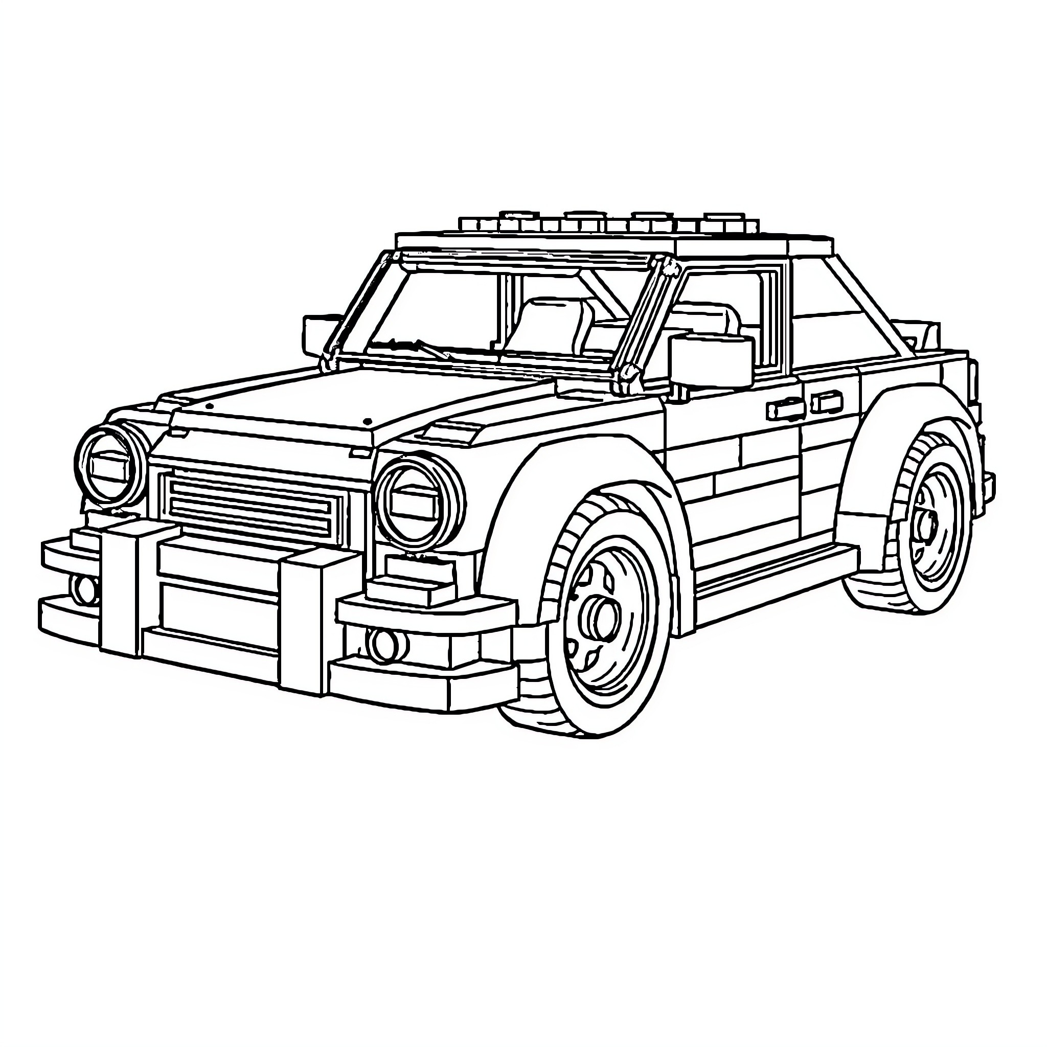 Car with off-road modifications and accessories Coloring Page (free black-and-white line drawing printable PDF for all, from beginners to advanced learners, including children, teens, adults, and seniors)