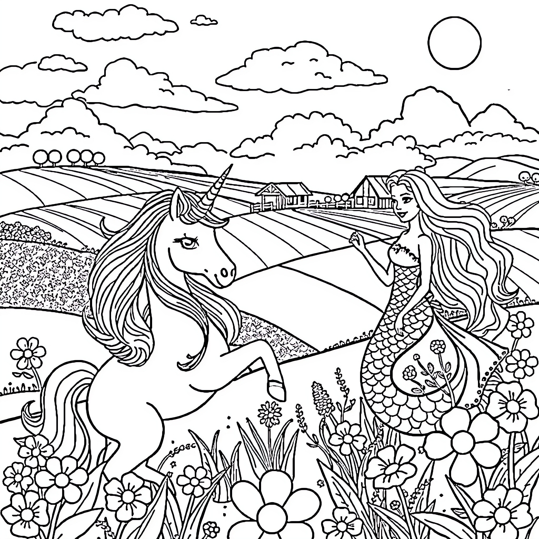 Unicorn and Mermaid in a Magical Landscape Coloring Page (free black-and-white line drawing printable PDF for all, from beginners to advanced learners, including children, teens, adults, and seniors)