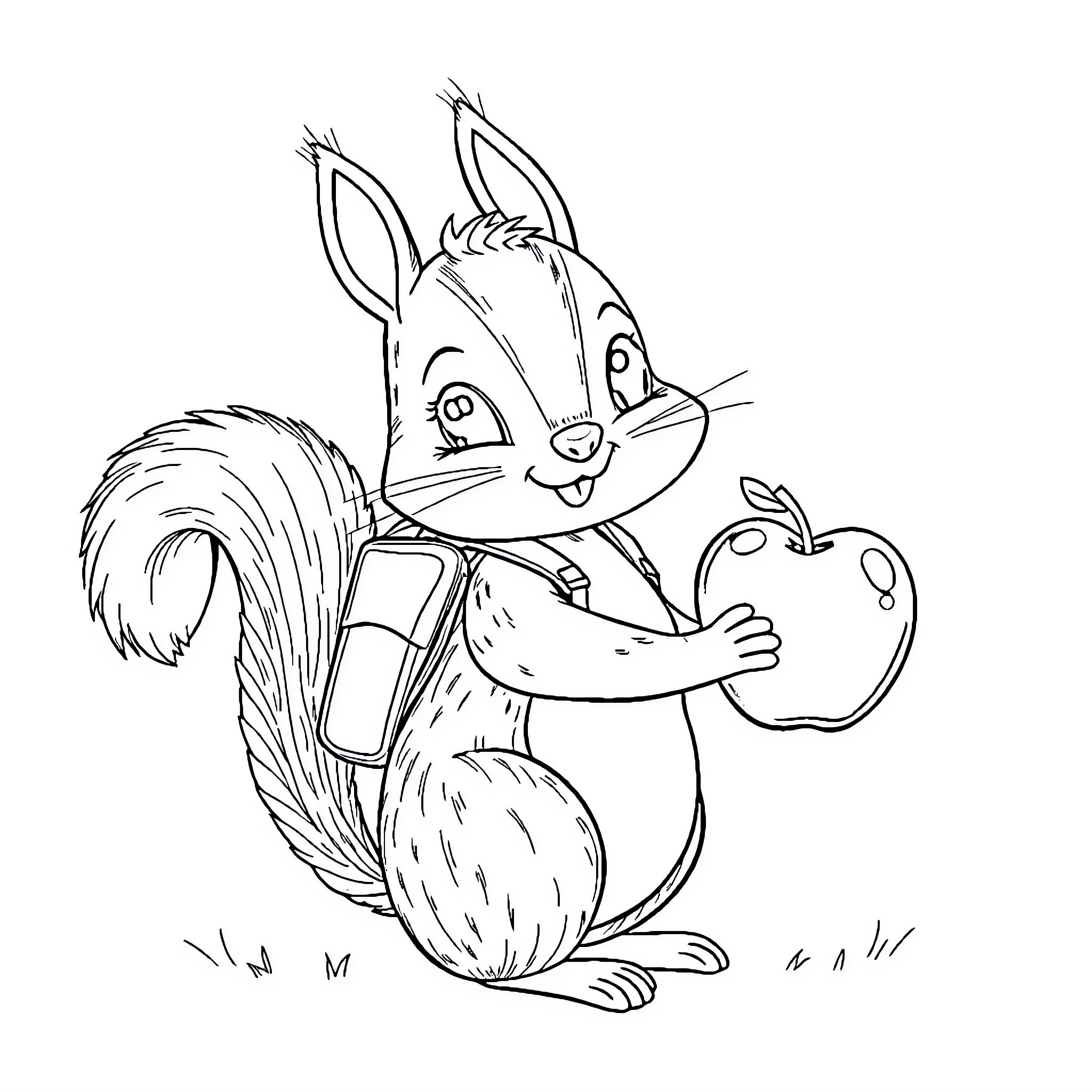 Squirrel carrying an apple in the meadow Coloring Page (free black-and-white line drawing printable PDF for all, from beginners to advanced learners, including children, teens, adults, and seniors)