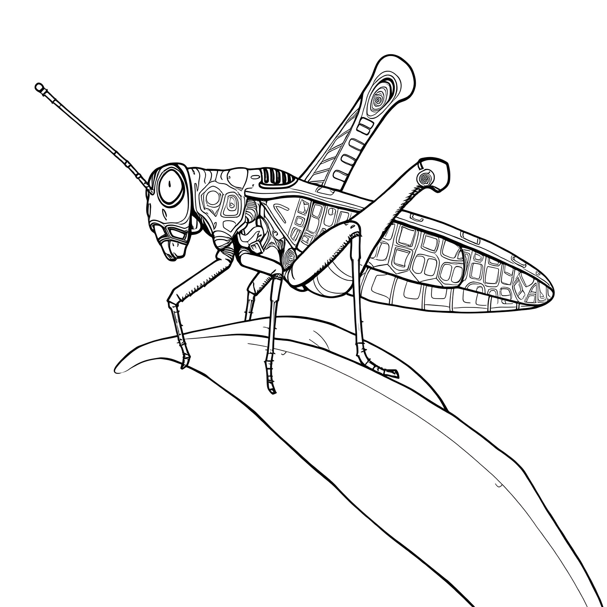 Grasshopper with intricate mechanical details Coloring Page (free black-and-white line drawing printable PDF for all, from beginners to advanced learners, including children, teens, adults, and seniors)