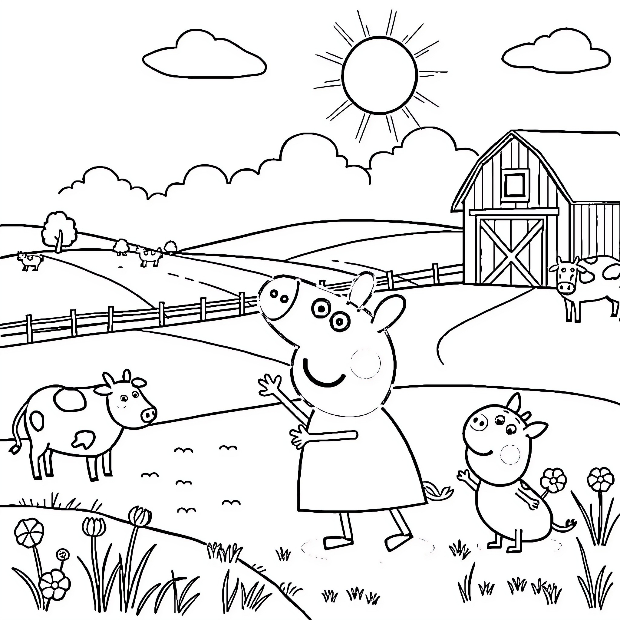 Peppa Pig playing happily on the farm Coloring Page (free black-and-white line drawing printable PDF for all, from beginners to advanced learners, including children, teens, adults, and seniors)
