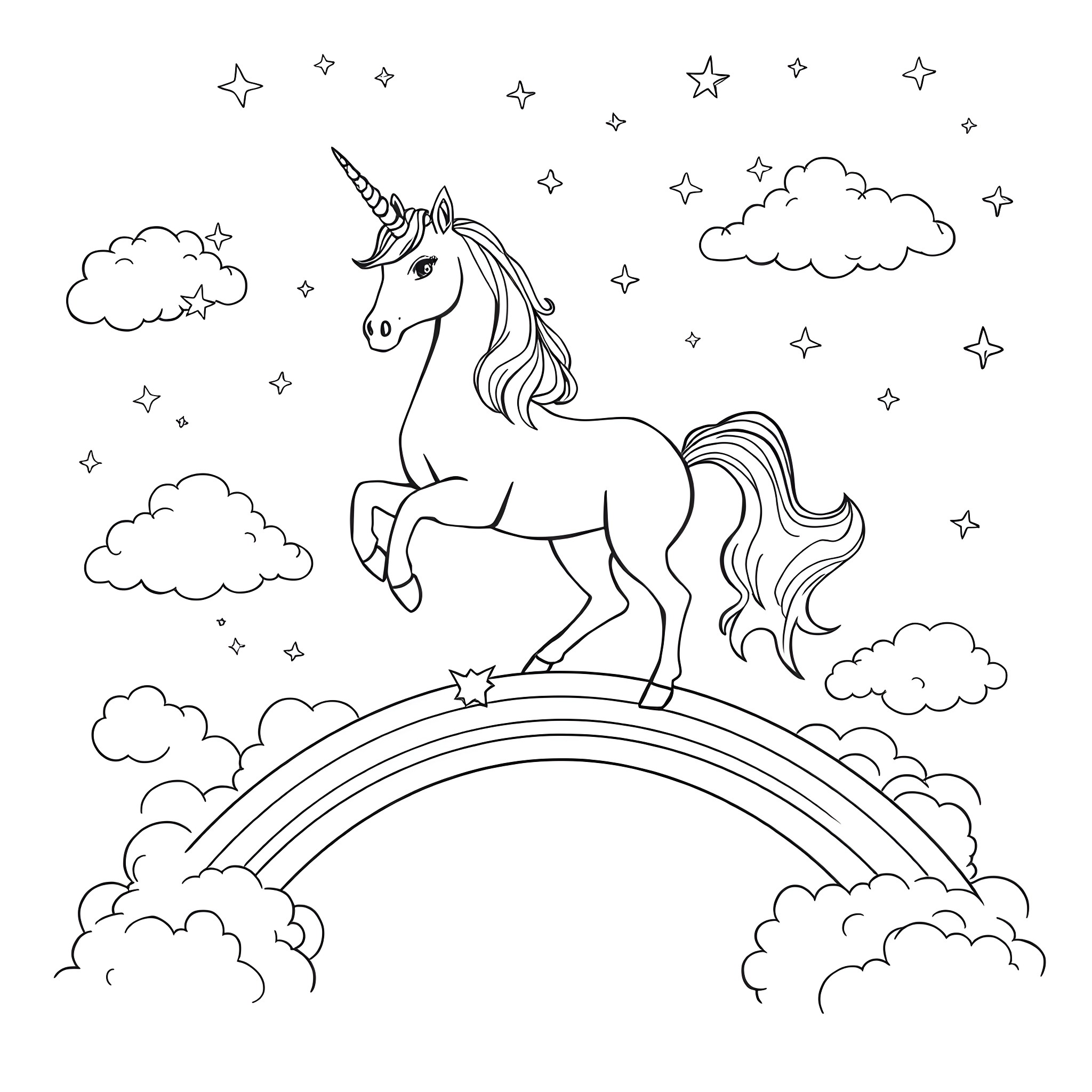 Unicorn standing on a rainbow among the clouds Coloring Page (free black-and-white line drawing printable PDF for all, from beginners to advanced learners, including children, teens, adults, and seniors)
