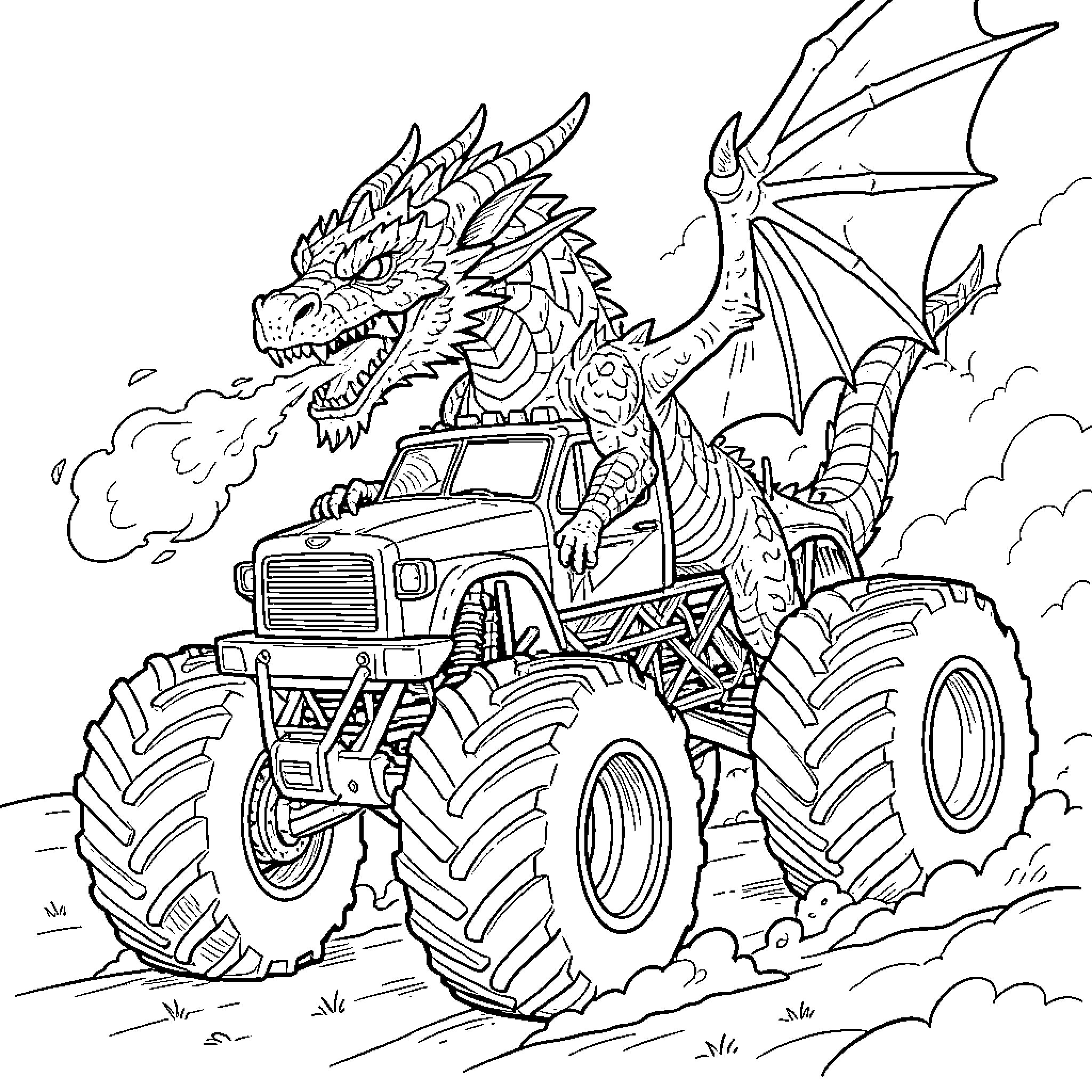 Monster Truck driven by a fire breathing dragon Coloring Page (free black-and-white line drawing printable PDF for all, from beginners to advanced learners, including children, teens, adults, and seniors)