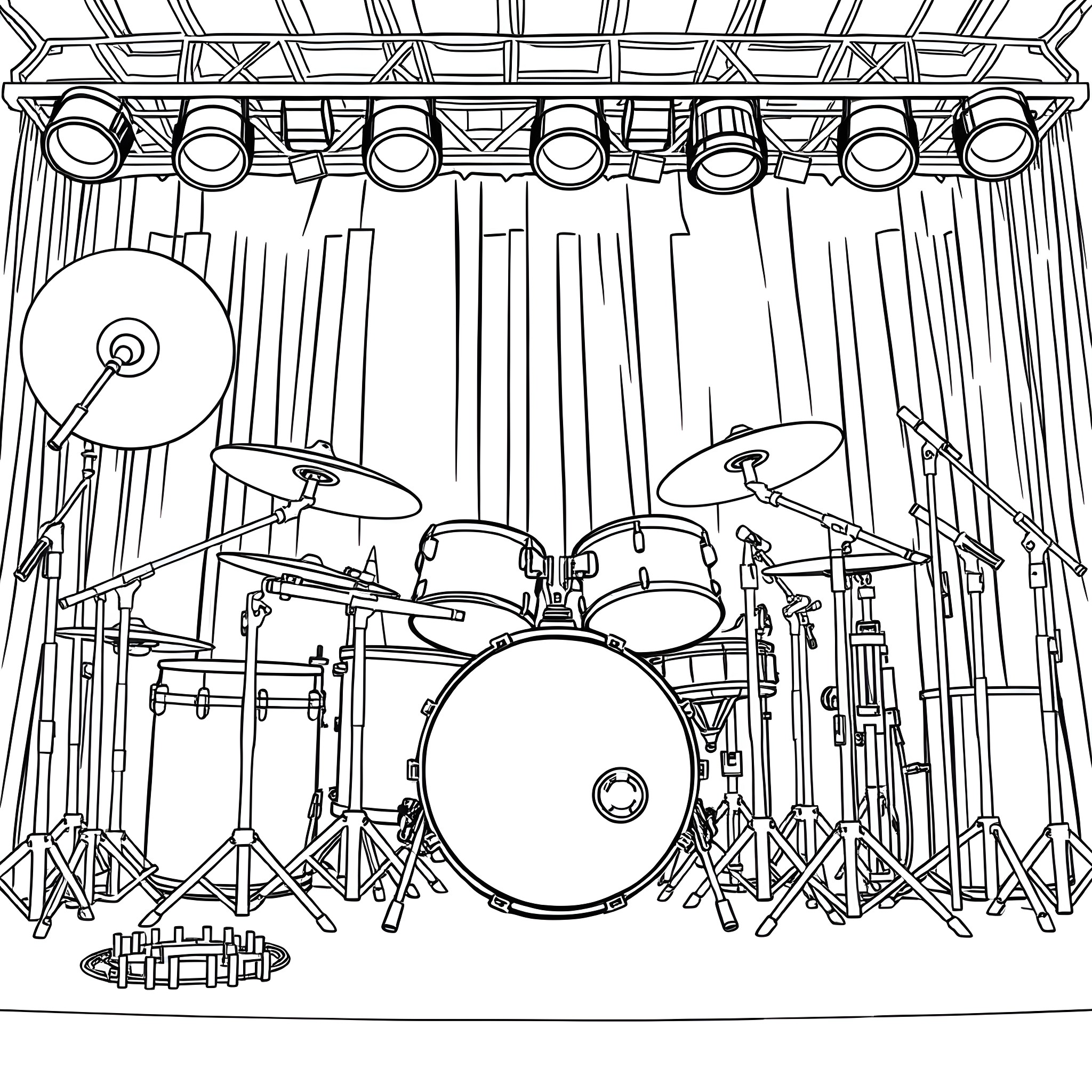 Drum Set on Stage with Sound Equipment Coloring Page (free black-and-white line drawing printable PDF for all, from beginners to advanced learners, including children, teens, adults, and seniors)