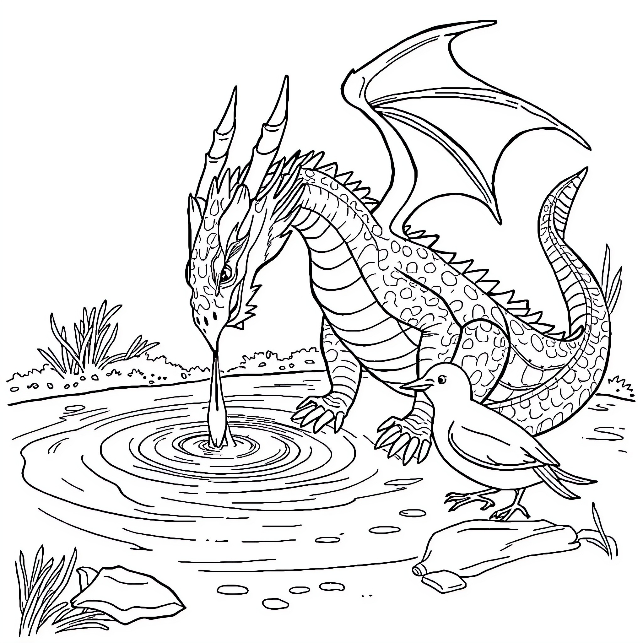 Dragon wading in tranquil pond with bird companion Coloring Page (free black-and-white line drawing printable PDF for all, from beginners to advanced learners, including children, teens, adults, and seniors)