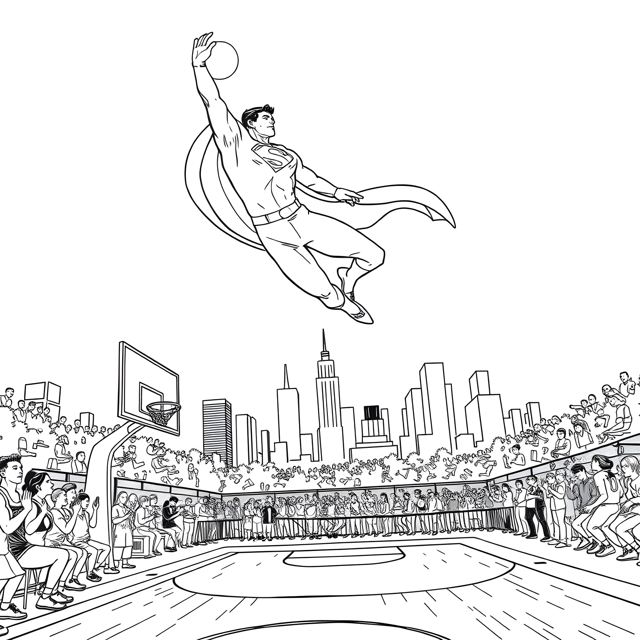 Superman Soaring Over Bustling City Basketball Court Coloring Page (free black-and-white line drawing printable PDF for all, from beginners to advanced learners, including children, teens, adults, and seniors)