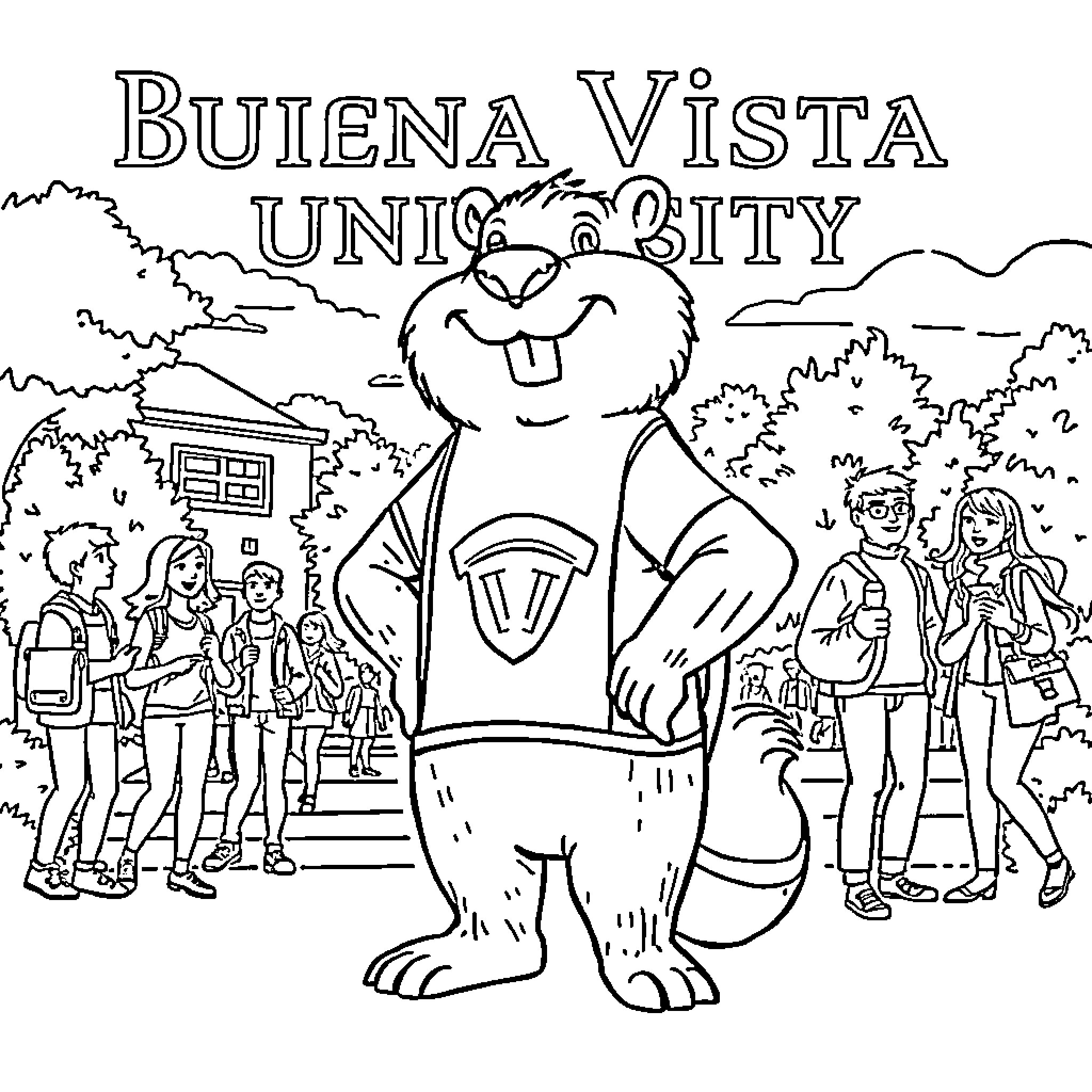 Buford Beaver tours Buena Vista University campus Coloring Page (free black-and-white line drawing printable PDF for all, from beginners to advanced learners, including children, teens, adults, and seniors)