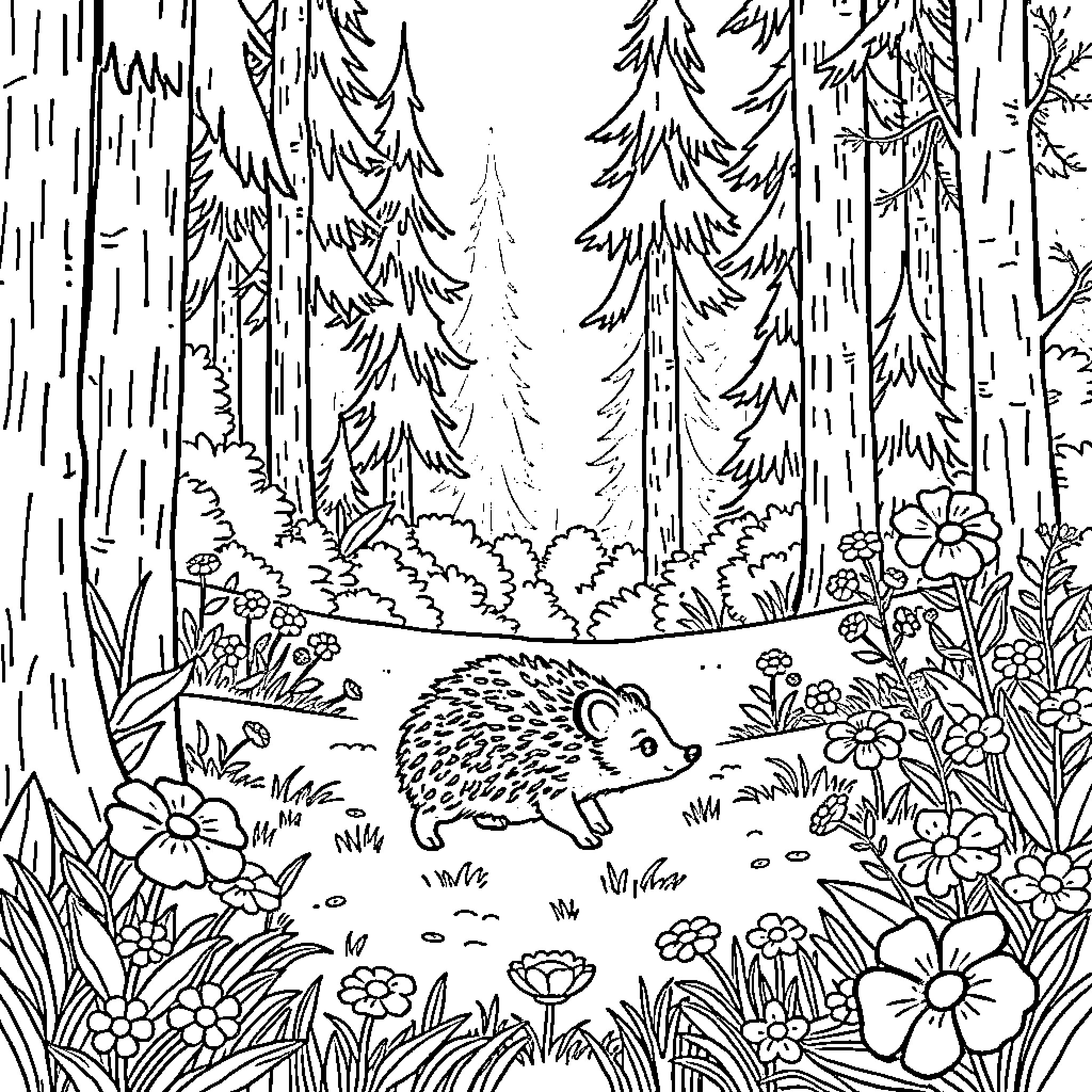 Hedgehog exploring the enchanting forest Coloring Page (free black-and-white line drawing printable PDF for all, from beginners to advanced learners, including children, teens, adults, and seniors)