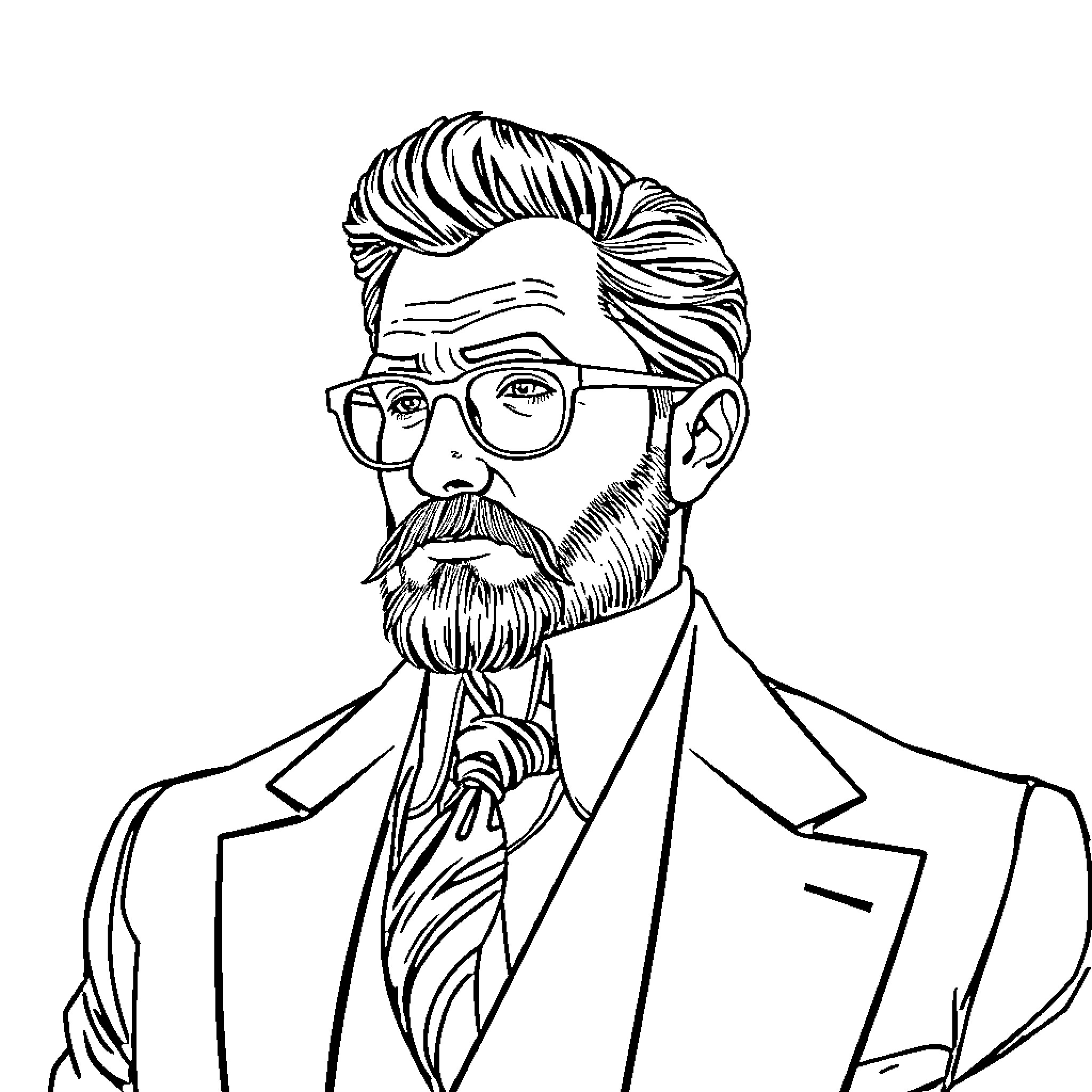 Man in Formal Attire with Glasses and Beard Coloring Page (free black-and-white line drawing printable PDF for all, from beginners to advanced learners, including children, teens, adults, and seniors)