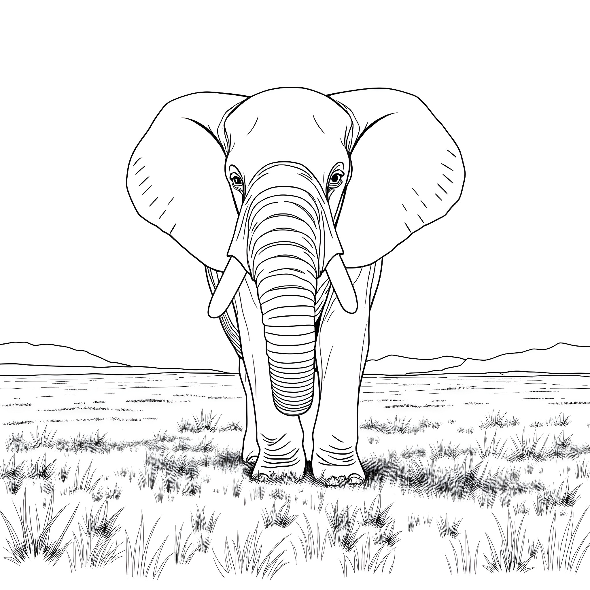 Elephant Standing in Serene Landscape Coloring Page (free black-and-white line drawing printable PDF for all, from beginners to advanced learners, including children, teens, adults, and seniors)
