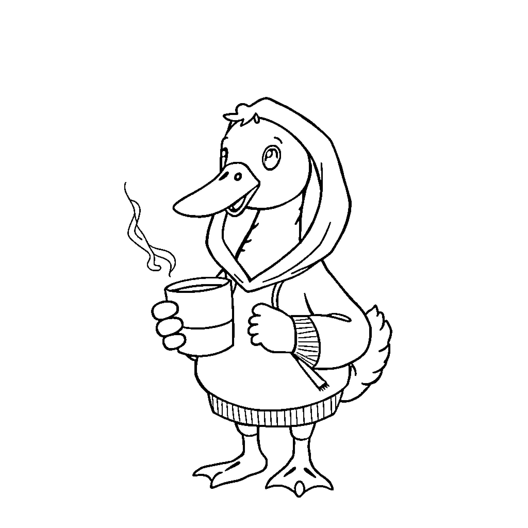 Goose enjoying a warm beverage Coloring Page (free black-and-white line drawing printable PDF for all, from beginners to advanced learners, including children, teens, adults, and seniors)