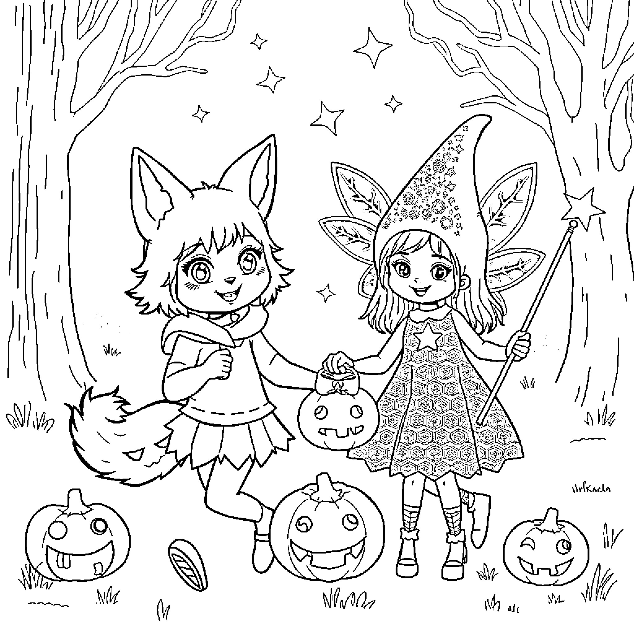 Wolf Girl and Fairy Girl Celebrate Halloween Coloring Page (free black-and-white line drawing printable PDF for all, from beginners to advanced learners, including children, teens, adults, and seniors)