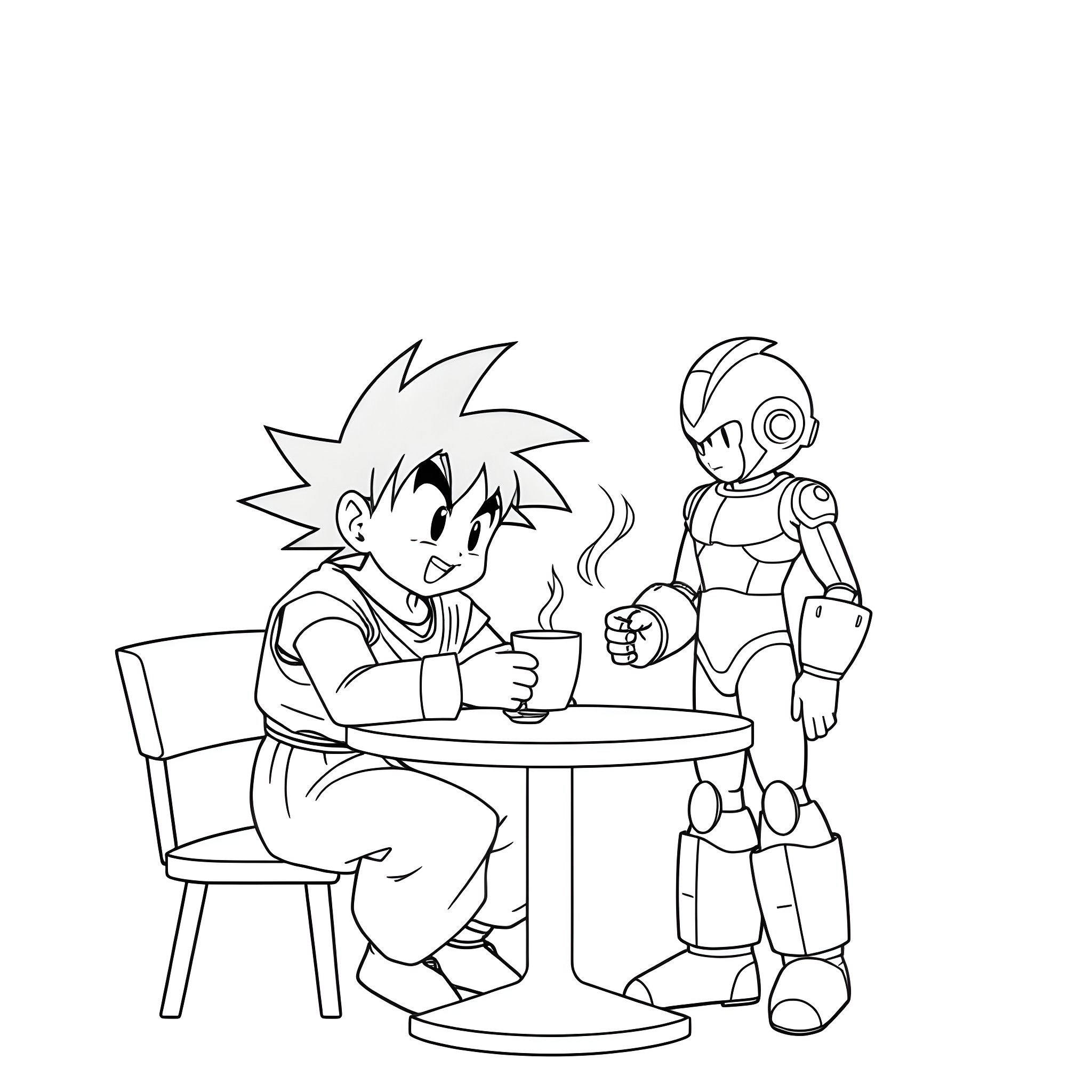 Goku and Robot Companion Relaxing Together Coloring Page (free black-and-white line drawing printable PDF for all, from beginners to advanced learners, including children, teens, adults, and seniors)