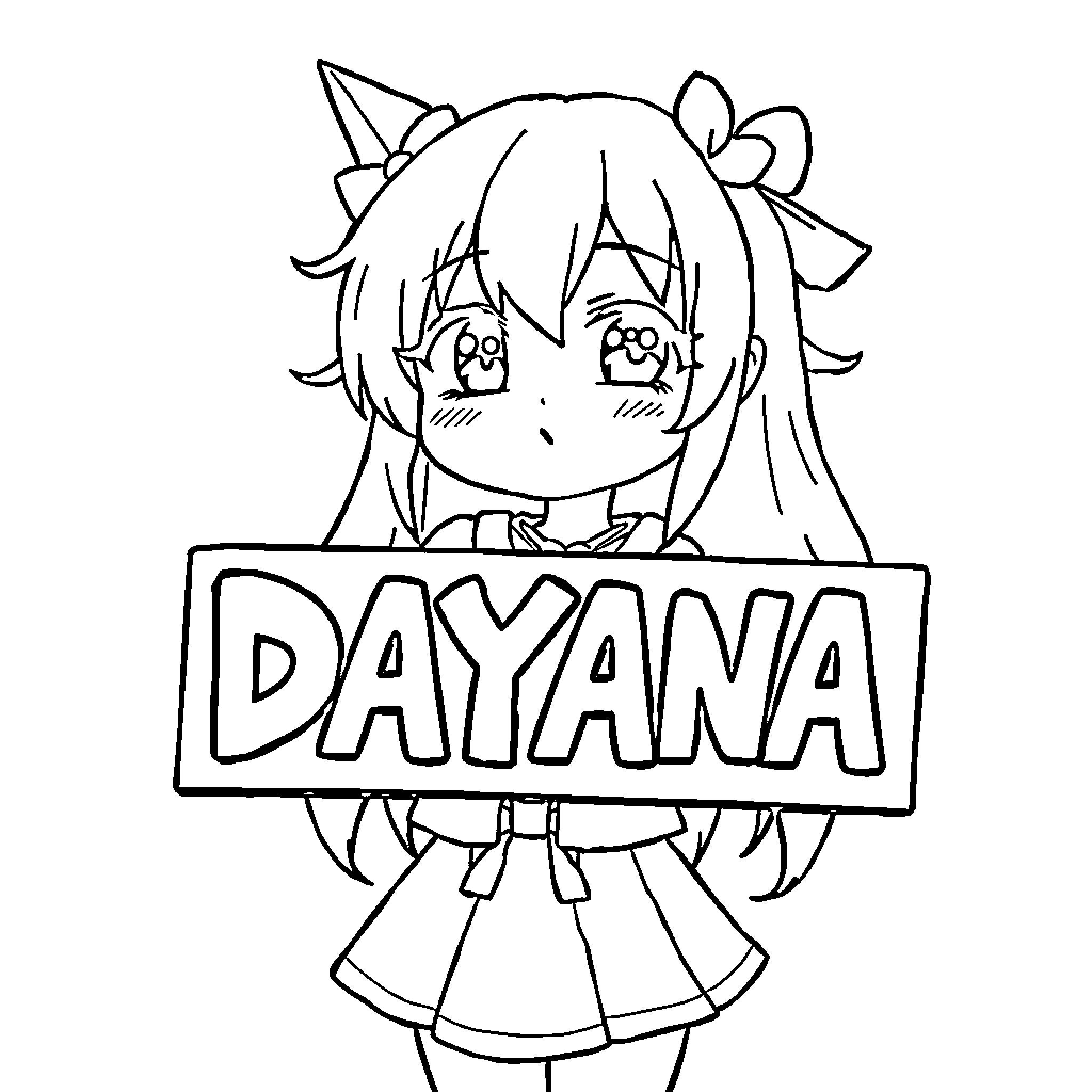 Kuromi holding 'Dayana' sign with cute expression Coloring Page (free black-and-white line drawing printable PDF for all, from beginners to advanced learners, including children, teens, adults, and seniors)
