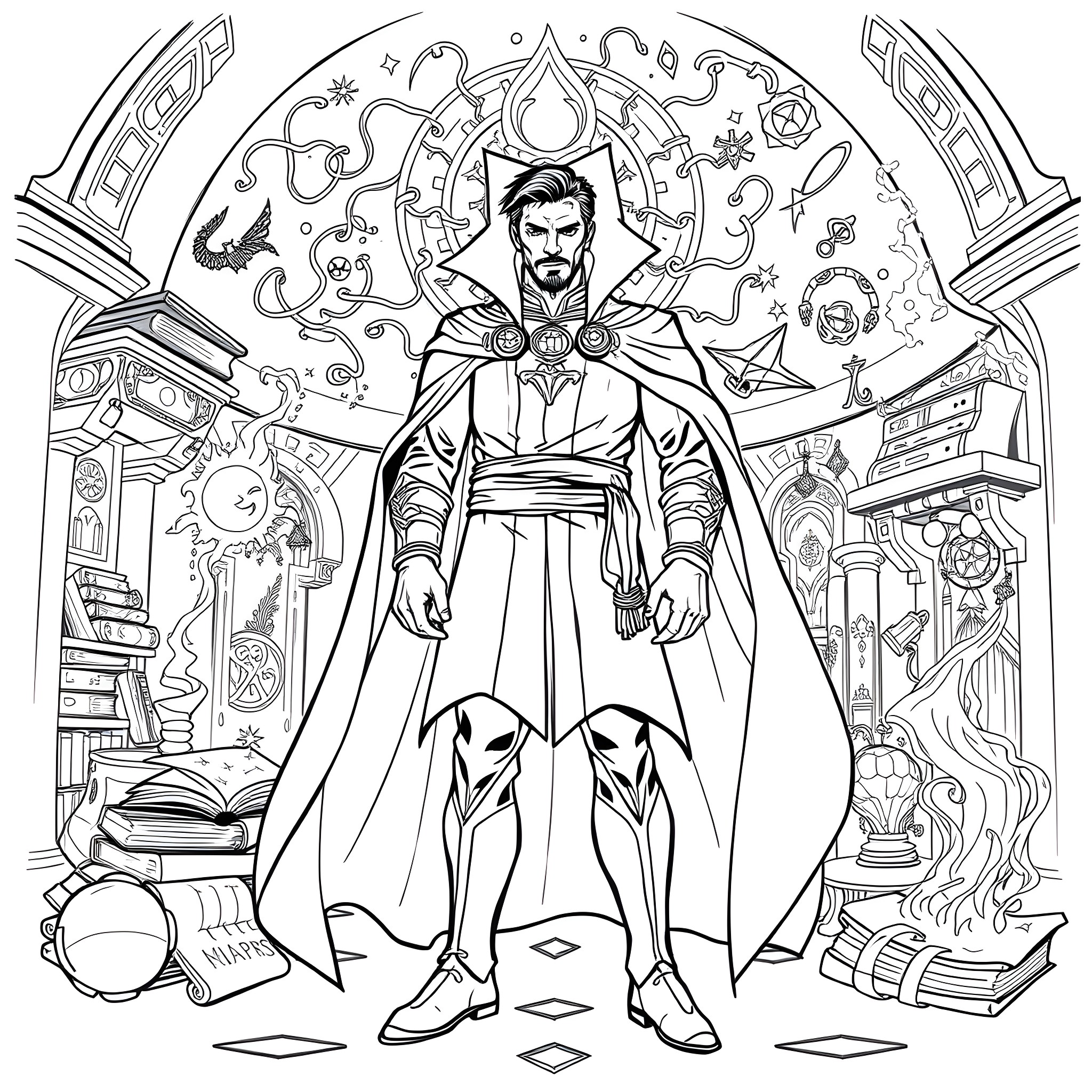 Doctor Strange's Mystical Enchantments Coloring Page (free black-and-white line drawing printable PDF for all, from beginners to advanced learners, including children, teens, adults, and seniors)